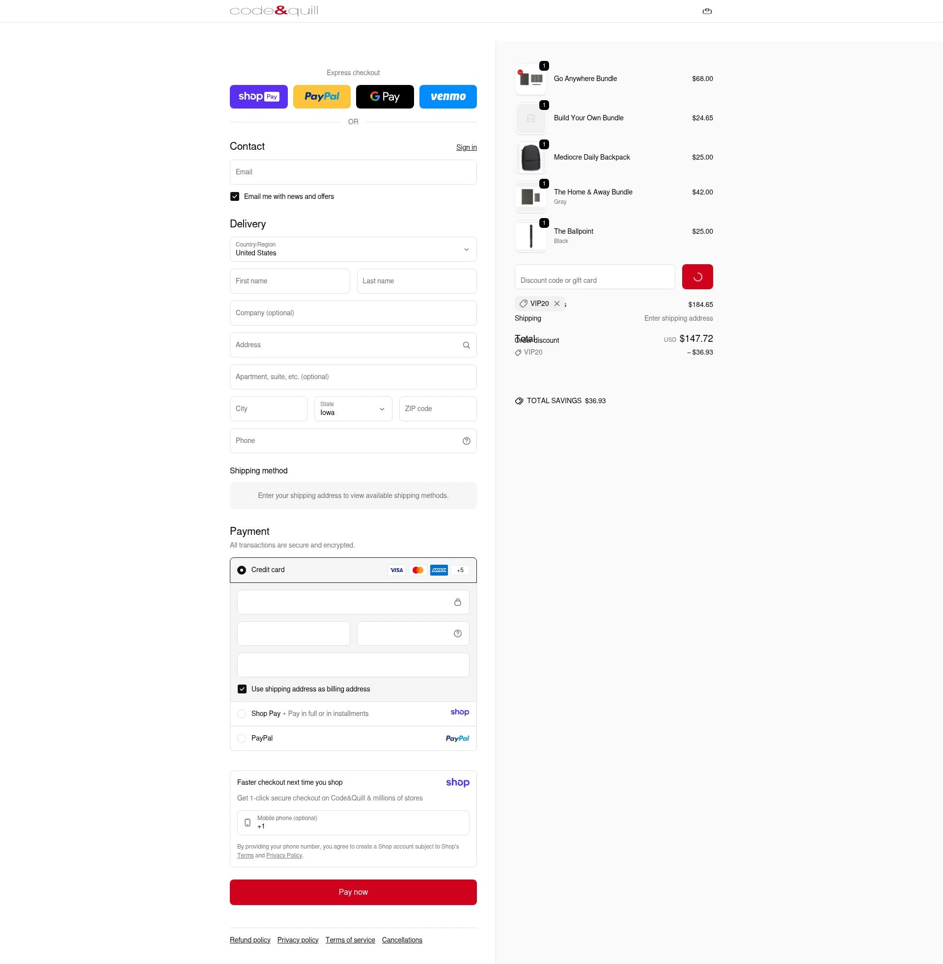 Code & Quill checkout page showing Code & Quill promo code box | Screenshot taken by SimplyCodes community member on Jan 10, 2026