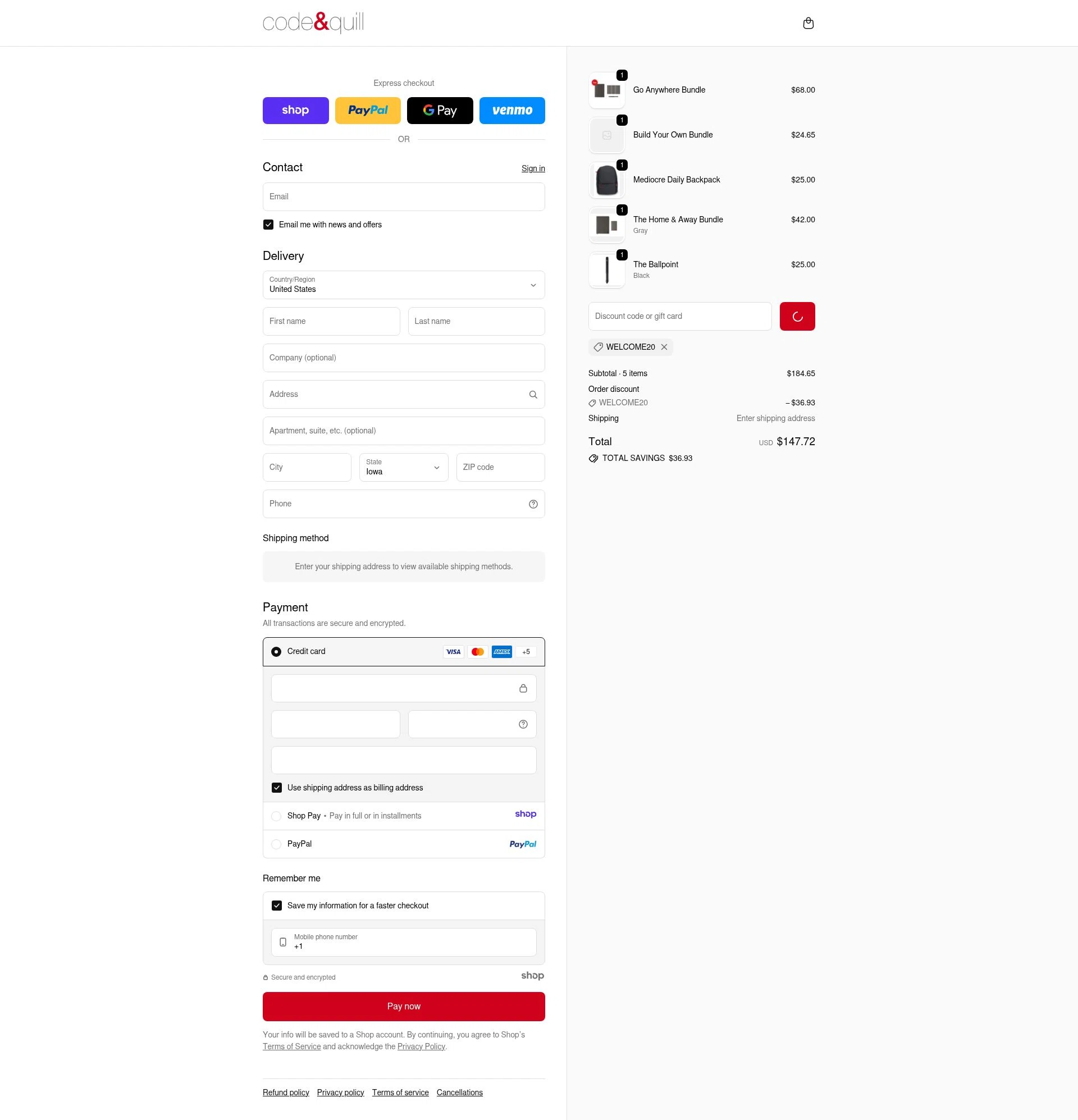 Code & Quill checkout page showing Code & Quill promo code box | Screenshot taken by SimplyCodes community member on Dec 31, 2025