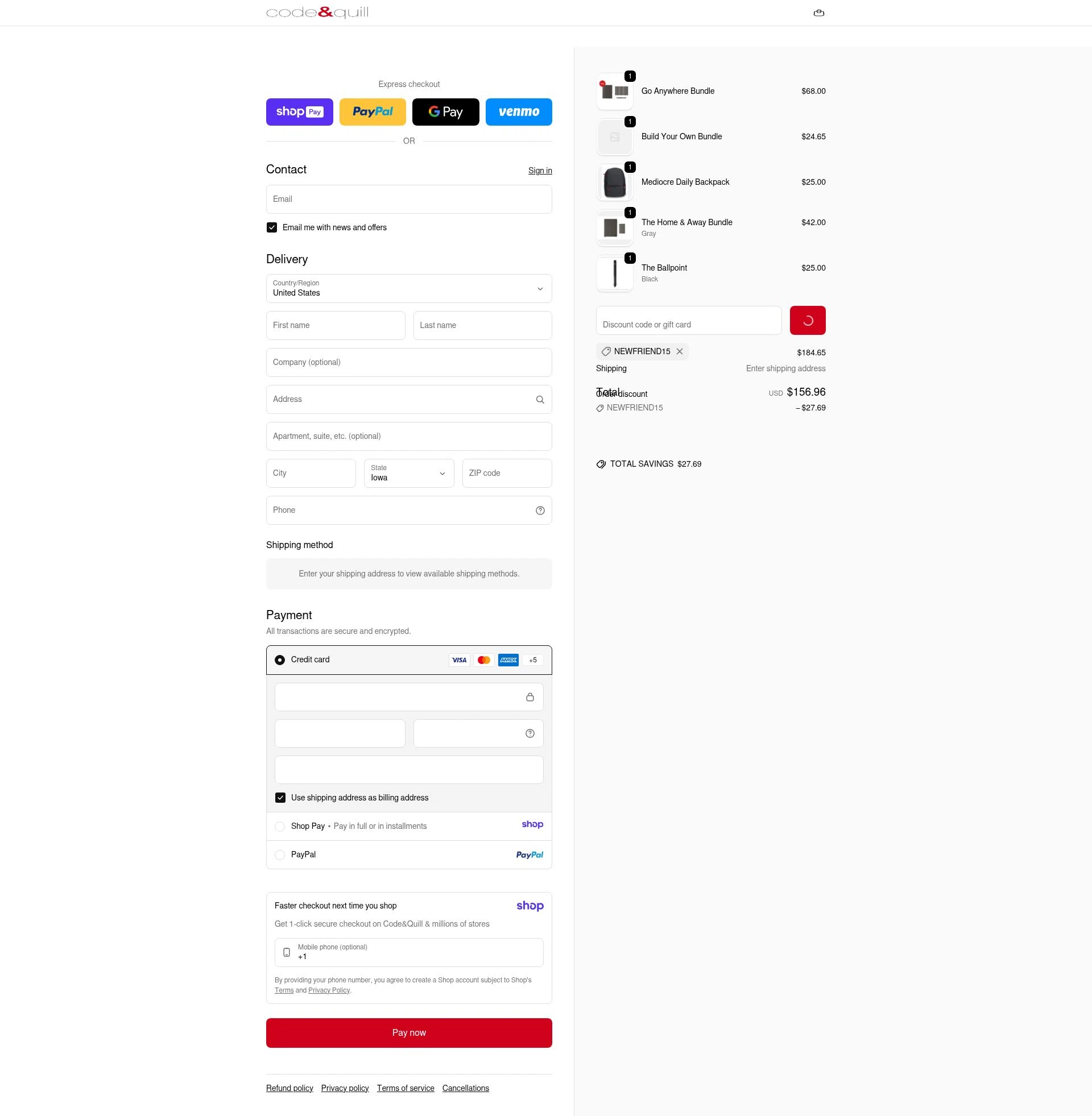Code & Quill checkout page showing Code & Quill promo code box | Screenshot taken by SimplyCodes community member on Jan 10, 2026