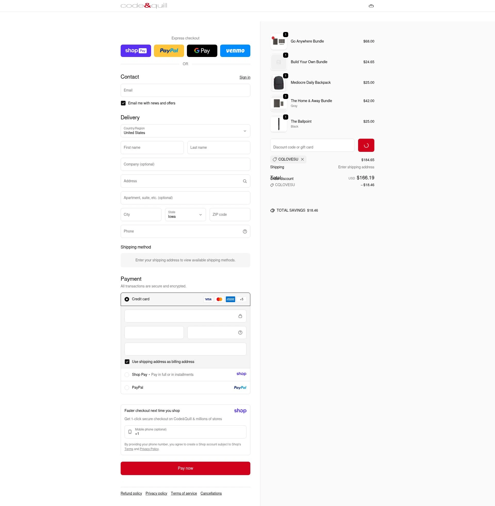 Code & Quill checkout page showing Code & Quill promo code box | Screenshot taken by SimplyCodes community member on Jan 10, 2026