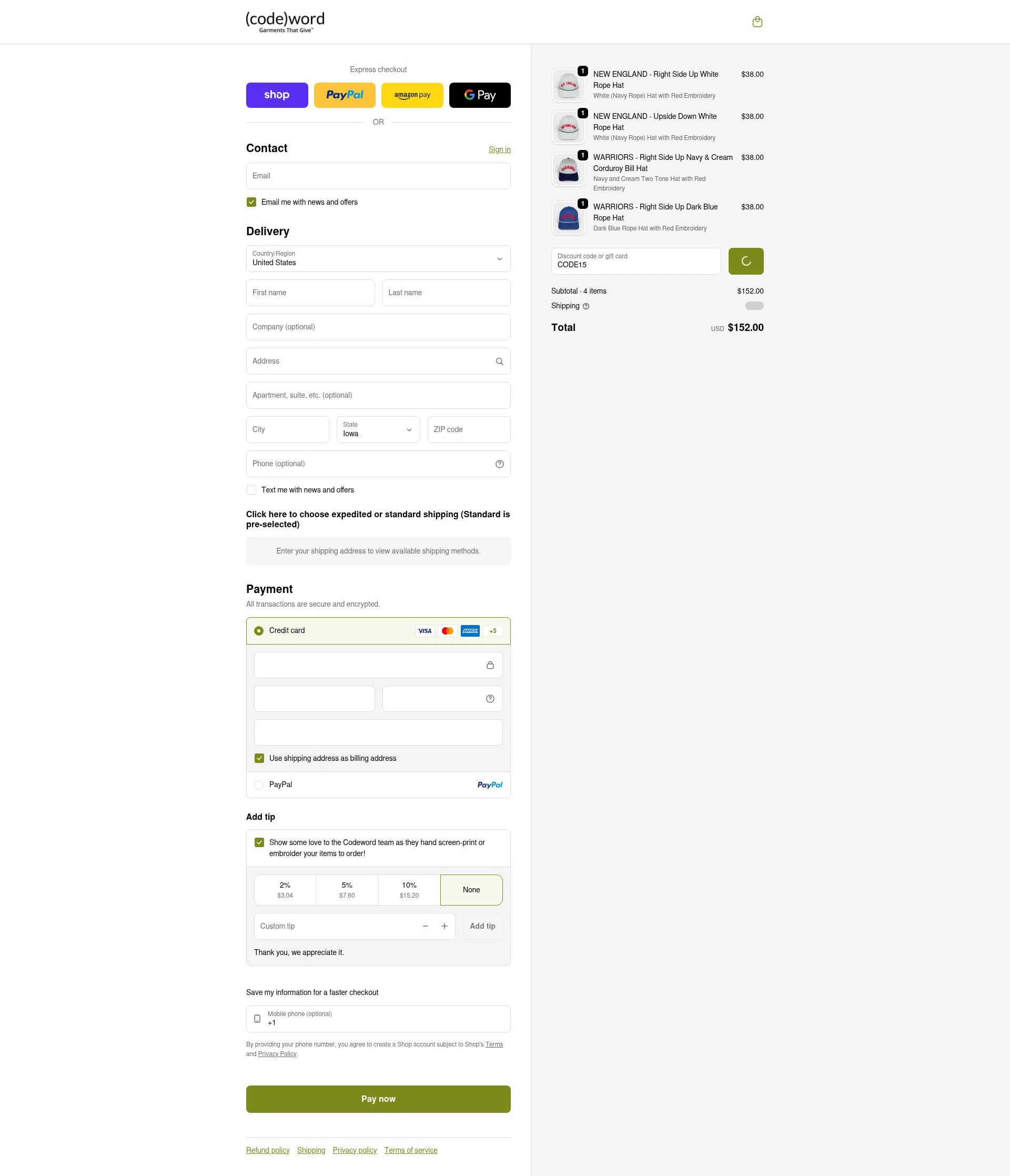 Codeword Hats checkout page showing Codeword Hats discount code box | Screenshot taken by SimplyCodes community member on Feb 14, 2026