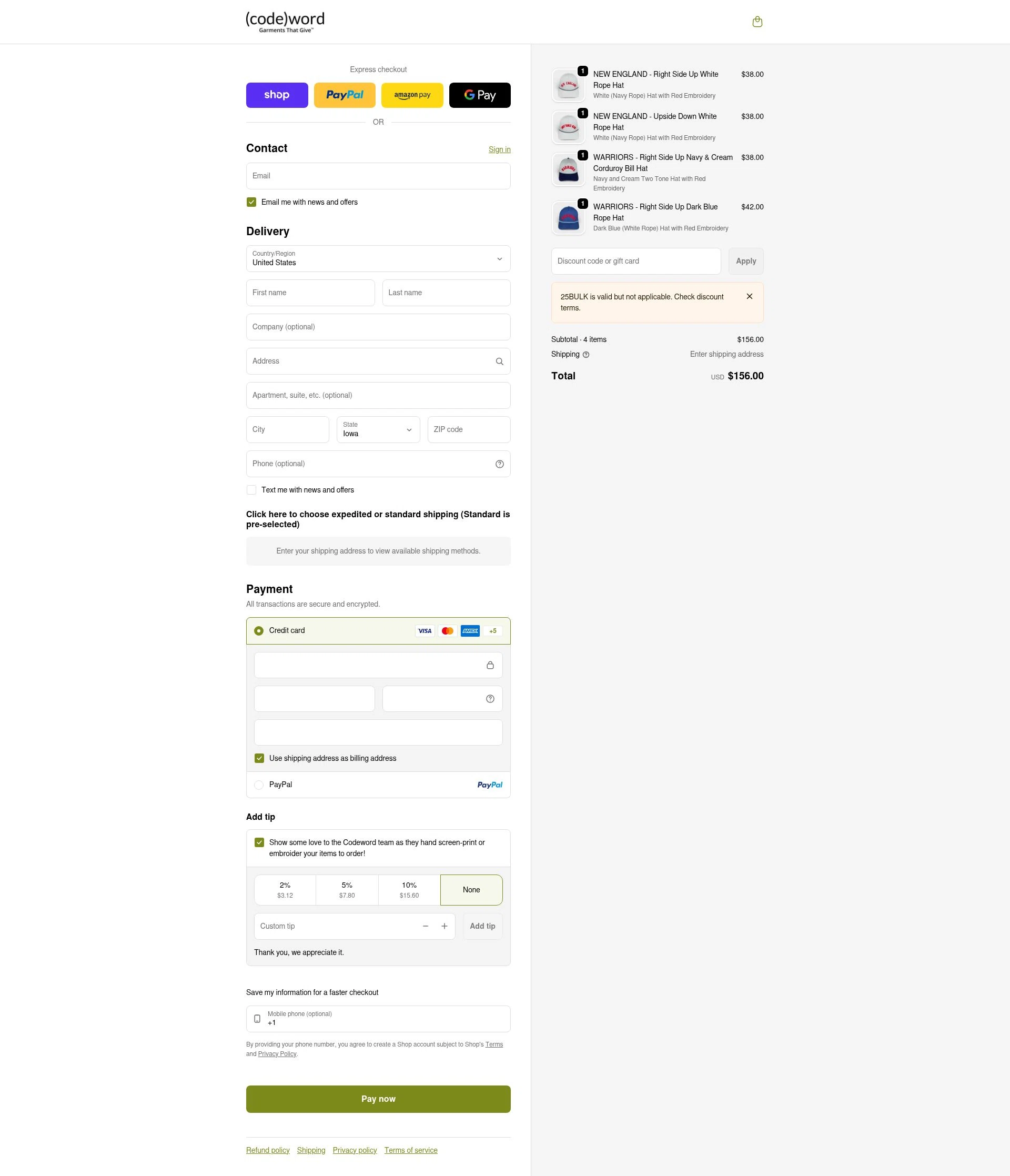 Codeword Hats checkout page showing Codeword Hats discount code box | Screenshot taken by SimplyCodes community member on Feb 18, 2026