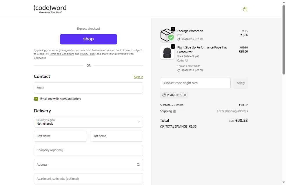 Codeword Hats checkout page showing Codeword Hats discount code box | Screenshot taken by SimplyCodes community member on Feb 23, 2026
