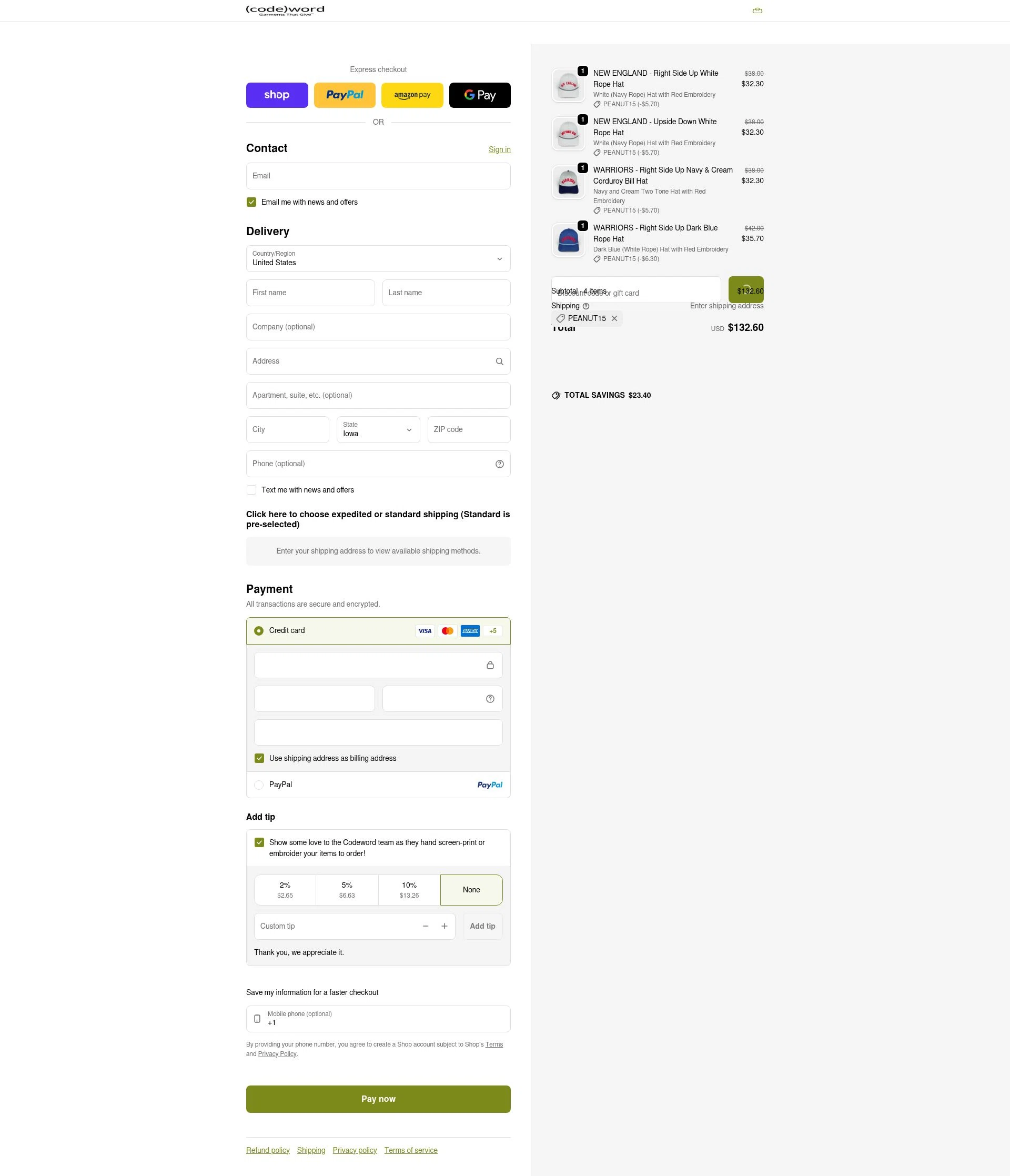 Codeword Hats checkout page showing Codeword Hats discount code box | Screenshot taken by SimplyCodes community member on Feb 18, 2026