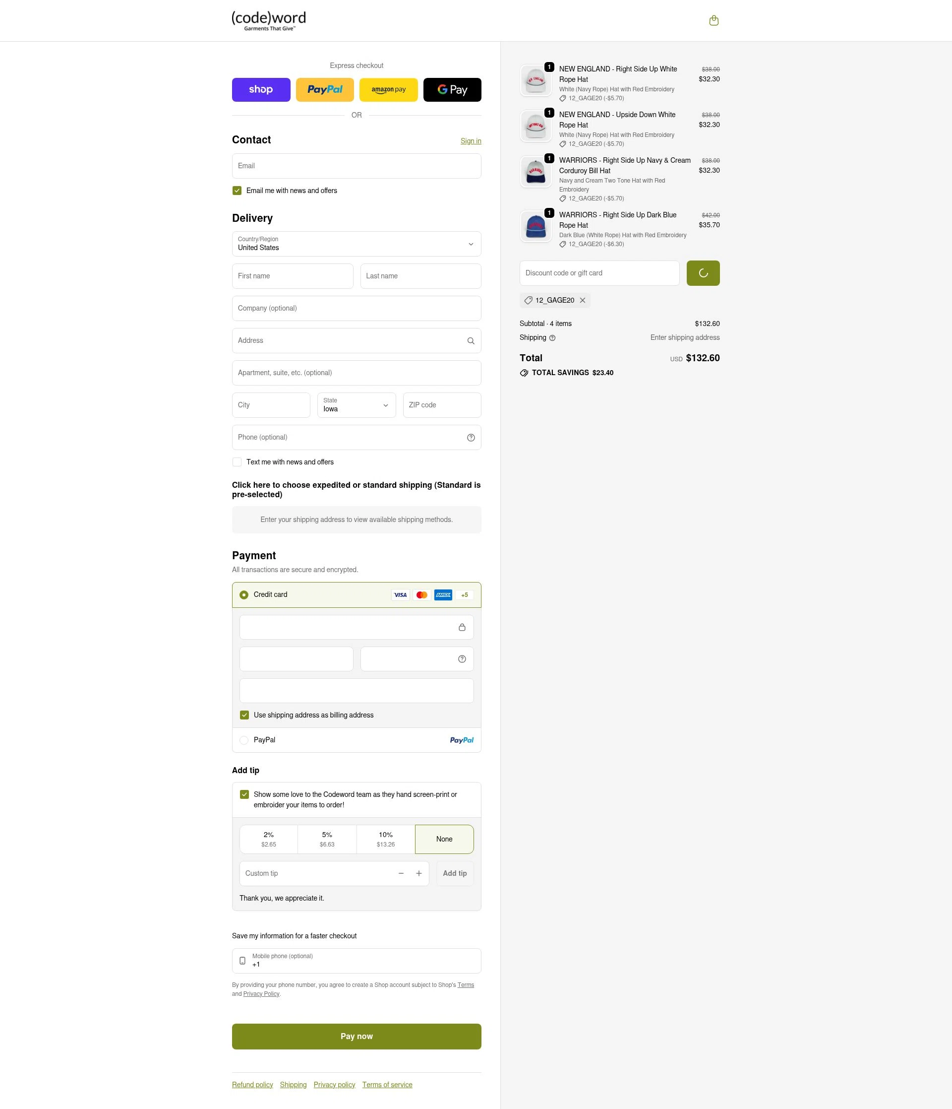 Codeword Hats checkout page showing Codeword Hats discount code box | Screenshot taken by SimplyCodes community member on Feb 18, 2026