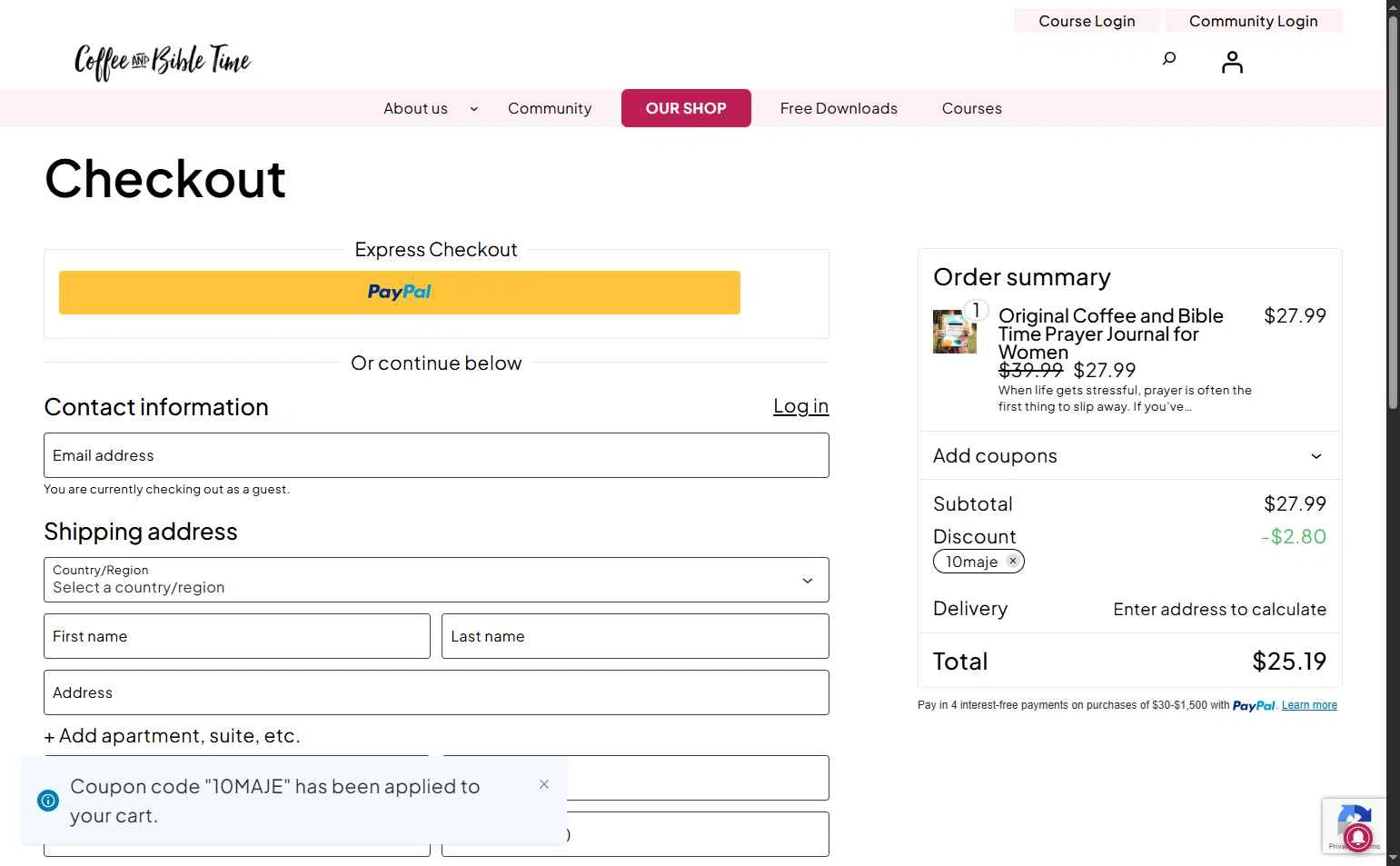Coffee and Bible Time checkout page showing Coffee and Bible Time promo code box | Screenshot taken by SimplyCodes community member on Feb 28, 2026