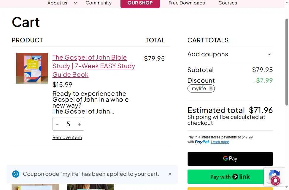 Coffee and Bible Time checkout page showing Coffee and Bible Time promo code box | Screenshot taken by SimplyCodes community member on Mar 1, 2026