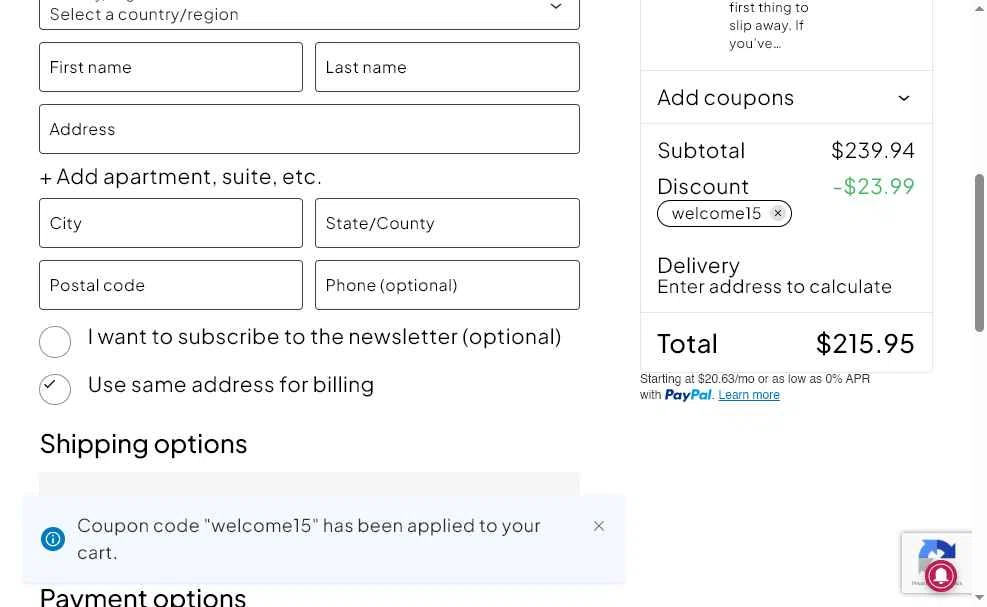 Coffee and Bible Time checkout page showing Coffee and Bible Time promo code box | Screenshot taken by SimplyCodes community member on Feb 25, 2026