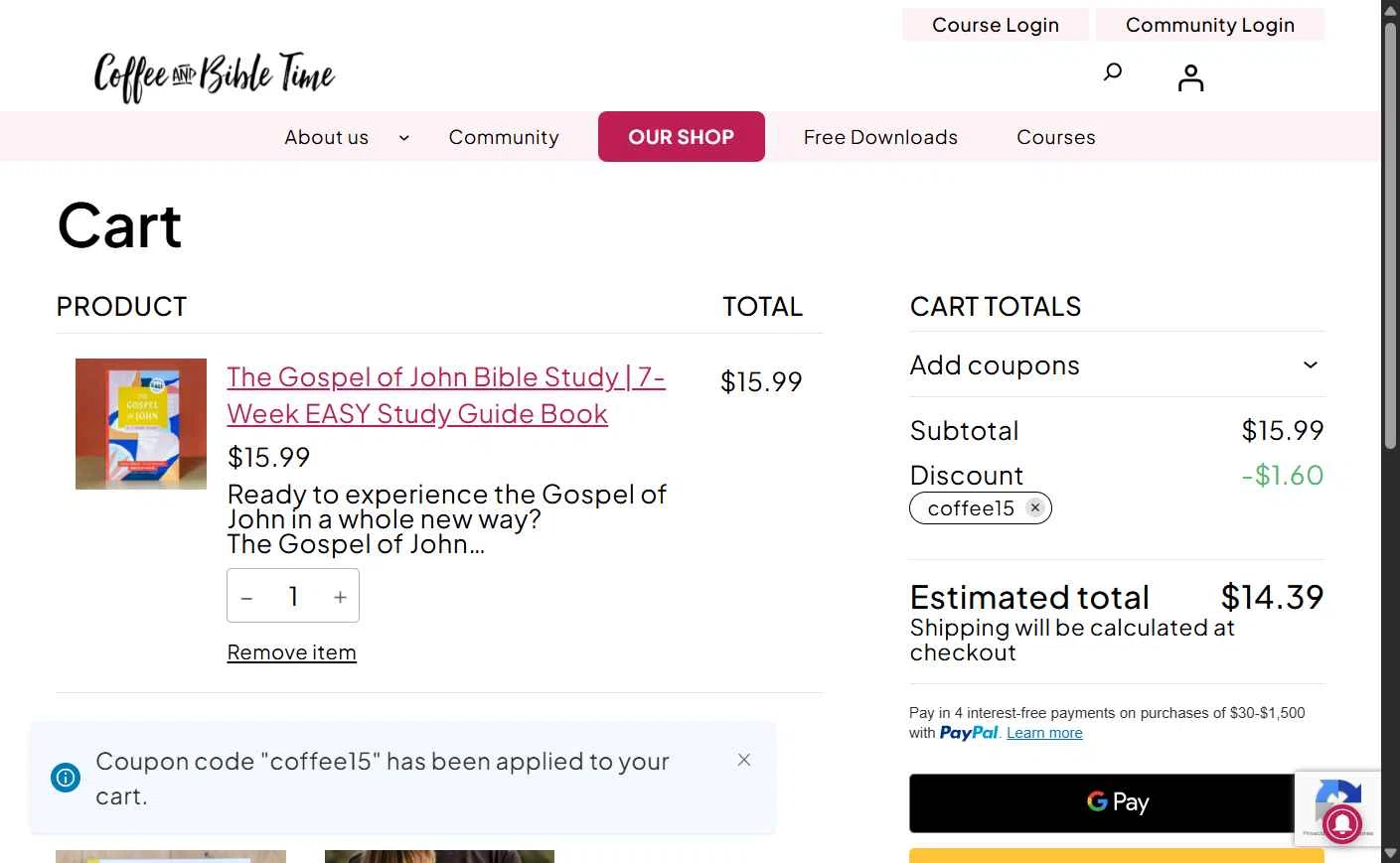 Coffee and Bible Time checkout page showing Coffee and Bible Time promo code box | Screenshot taken by SimplyCodes community member on Feb 28, 2026