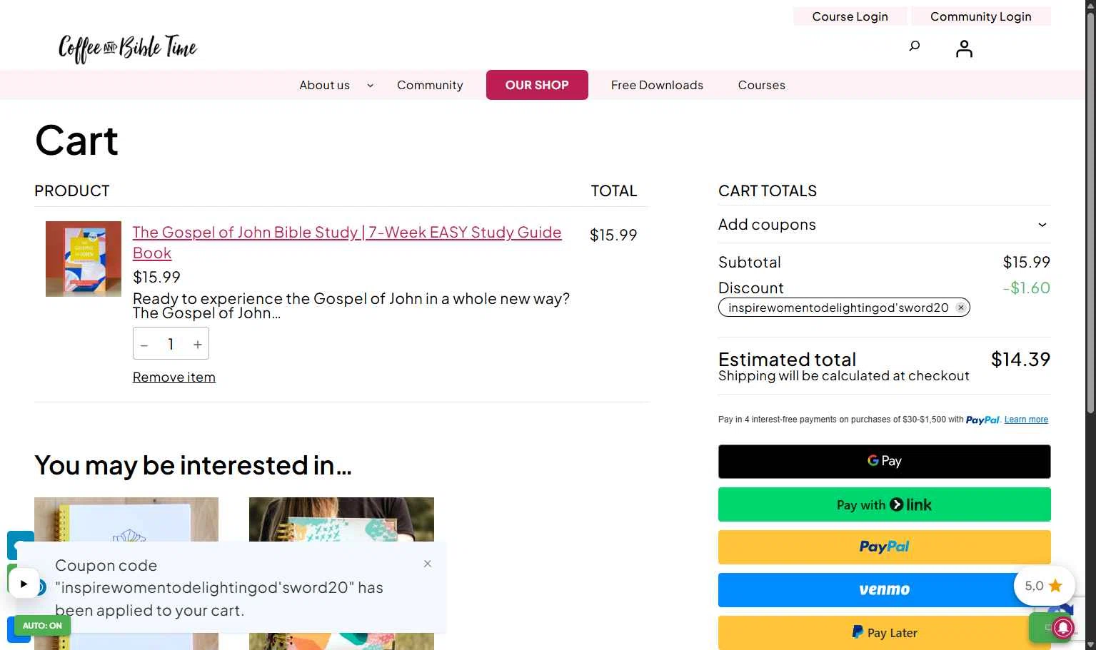 Coffee and Bible Time checkout page showing Coffee and Bible Time promo code box | Screenshot taken by SimplyCodes community member on Feb 25, 2026