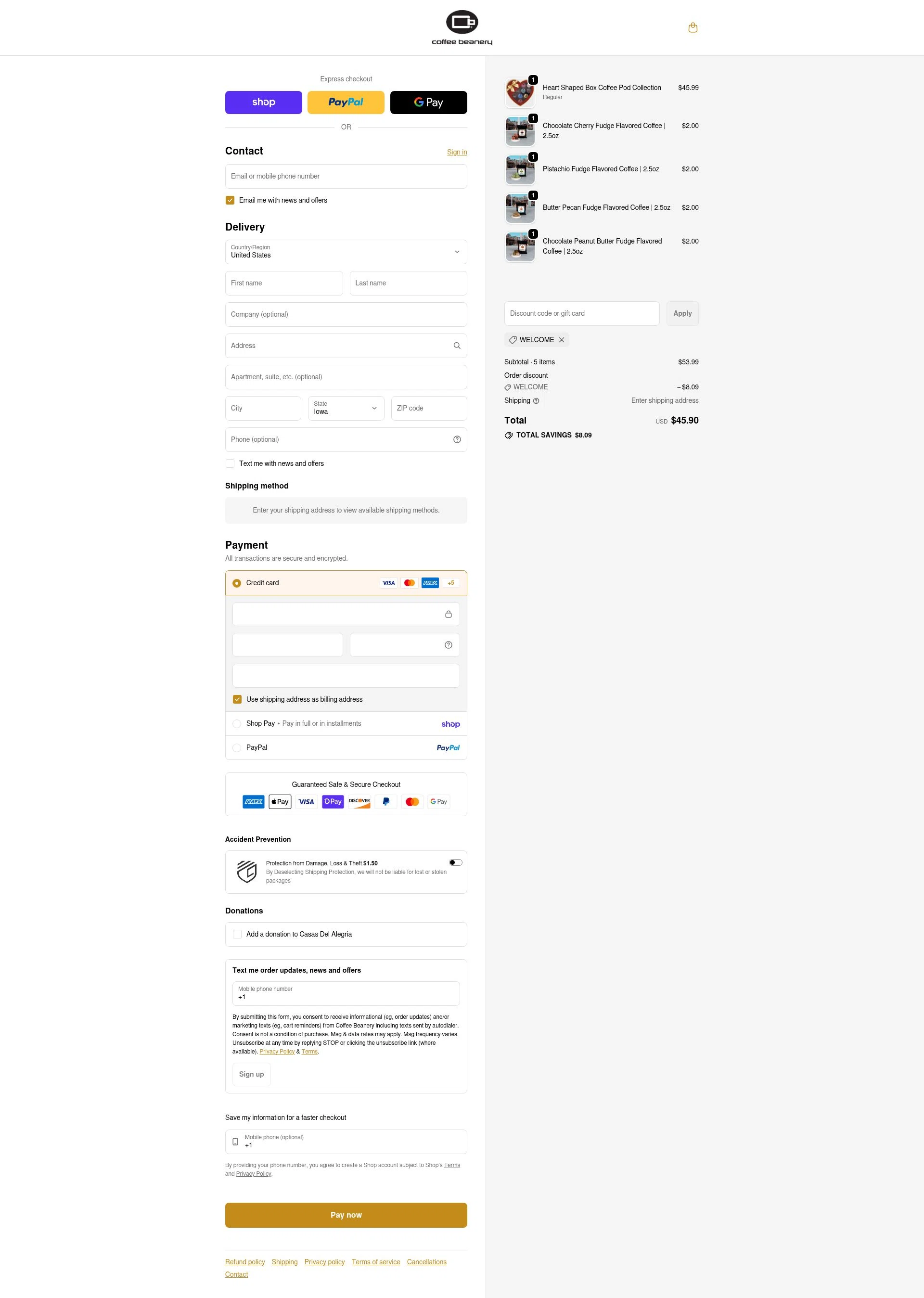 Coffee Beanery checkout page showing Coffee Beanery promo code box | Screenshot taken by SimplyCodes community member on Feb 3, 2026