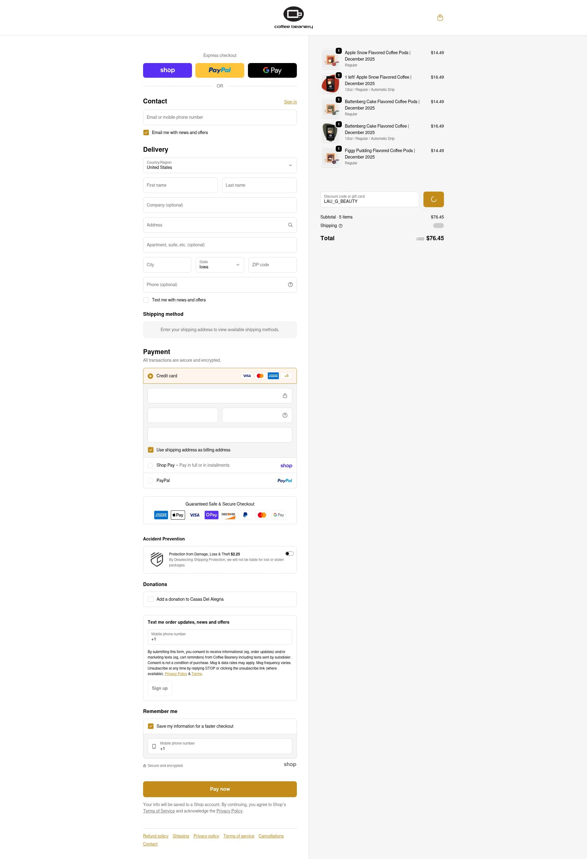 Coffee Beanery checkout page showing Coffee Beanery promo code box | Screenshot taken by SimplyCodes community member on Jan 29, 2026
