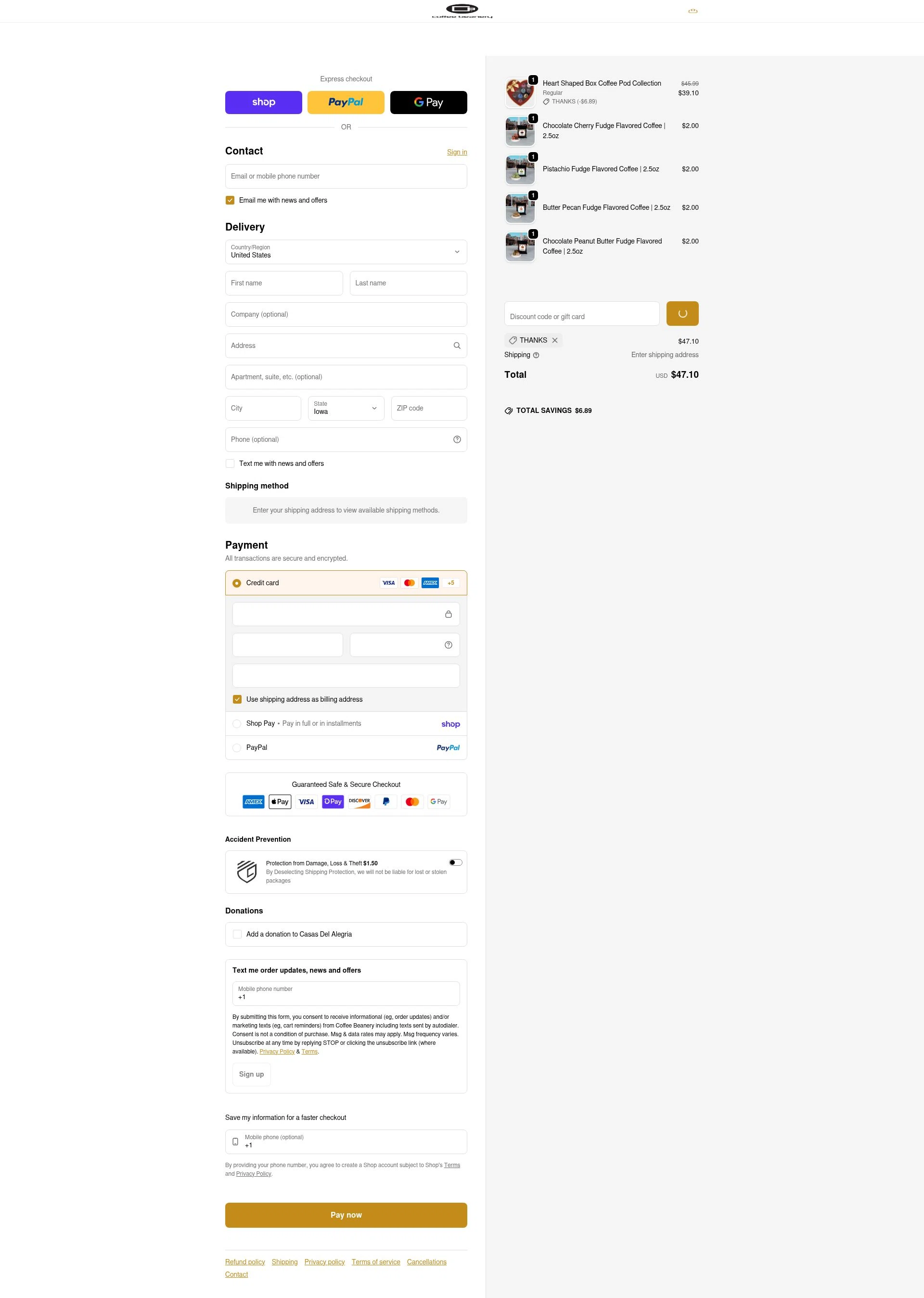 Coffee Beanery checkout page showing Coffee Beanery promo code box | Screenshot taken by SimplyCodes community member on Feb 3, 2026