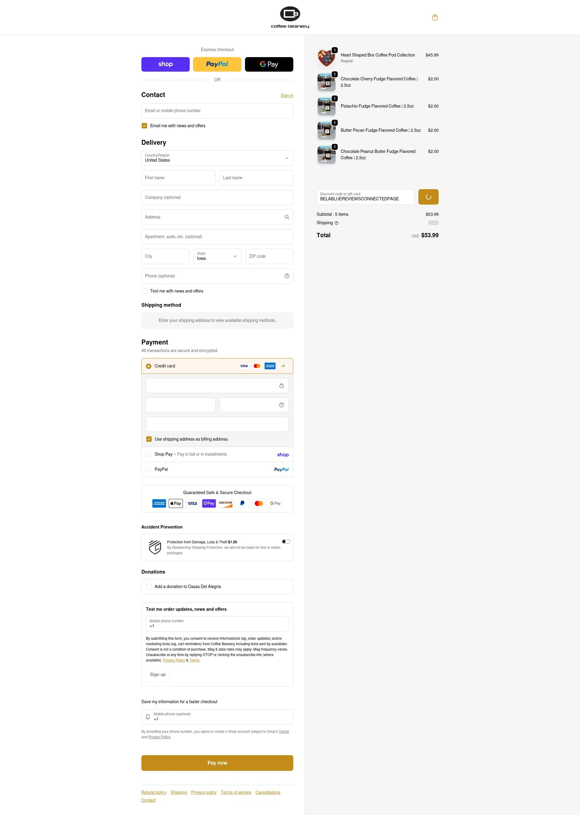 Coffee Beanery checkout page showing Coffee Beanery promo code box | Screenshot taken by SimplyCodes community member on Feb 3, 2026