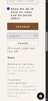 NEW15 coupon verification screenshot