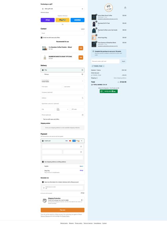 Big Island Coffee Roasters checkout page showing Big Island Coffee Roasters coupon code box | Screenshot taken by SimplyCodes community member on Sep 8, 2025