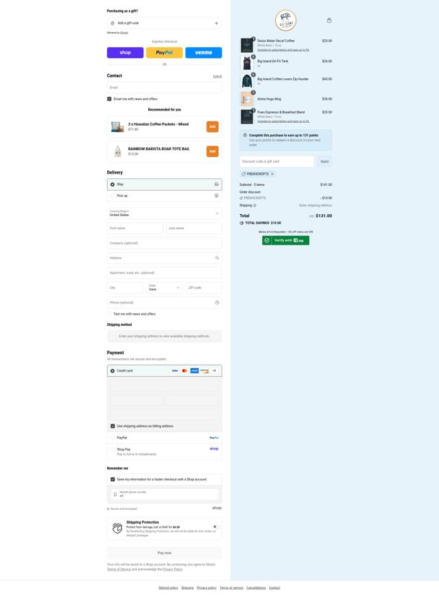 Big Island Coffee Roasters checkout page showing Big Island Coffee Roasters coupon code box | Screenshot taken by SimplyCodes community member on Sep 4, 2025