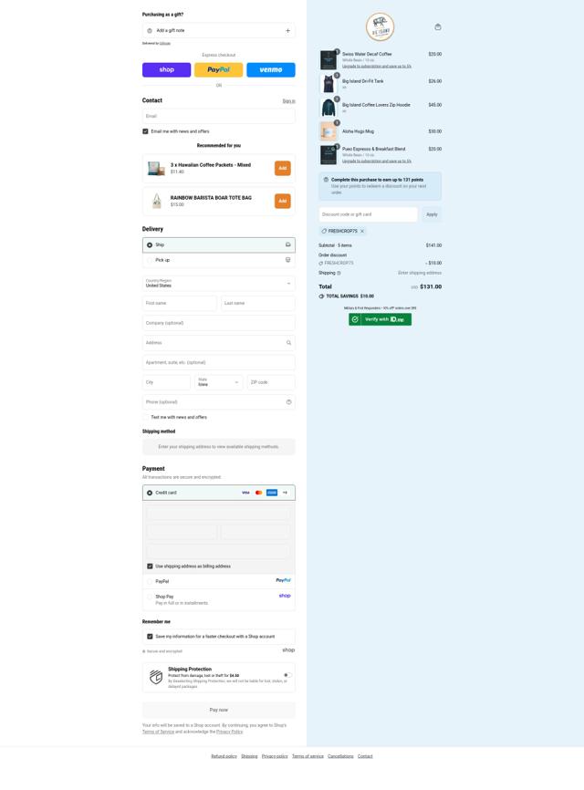 Big Island Coffee Roasters checkout page showing Big Island Coffee Roasters coupon code box | Screenshot taken by SimplyCodes community member on Sep 12, 2025