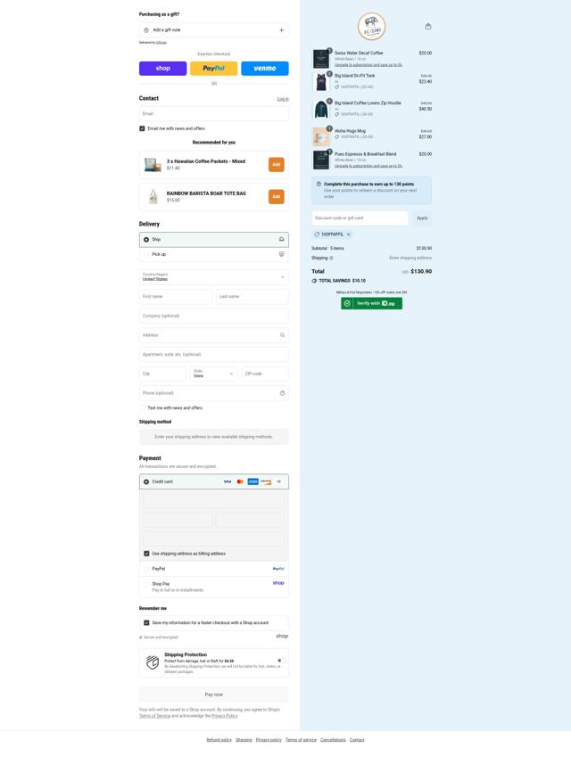Big Island Coffee Roasters checkout page showing Big Island Coffee Roasters coupon code box | Screenshot taken by SimplyCodes community member on Sep 4, 2025