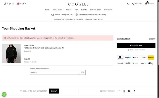 Coggles checkout page showing Coggles discount code box | Screenshot taken by SimplyCodes community member on Sep 11, 2025