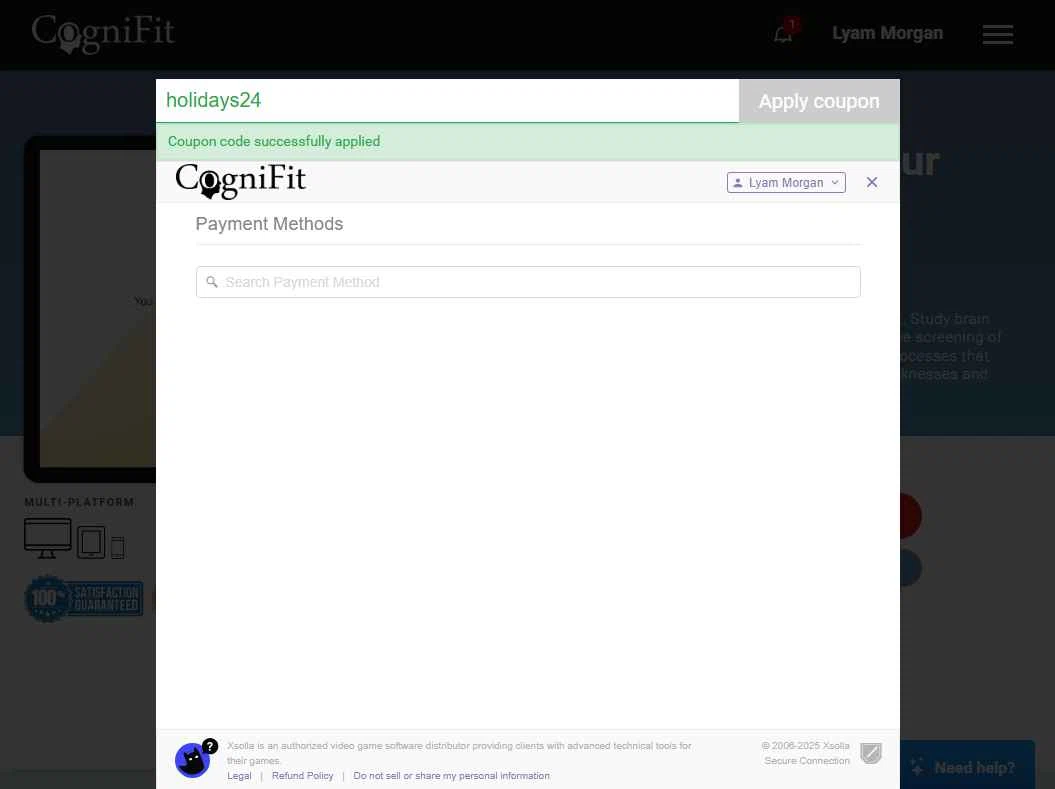 CogniFit checkout page showing CogniFit promo code box | Screenshot taken by SimplyCodes community member on Dec 25, 2025
