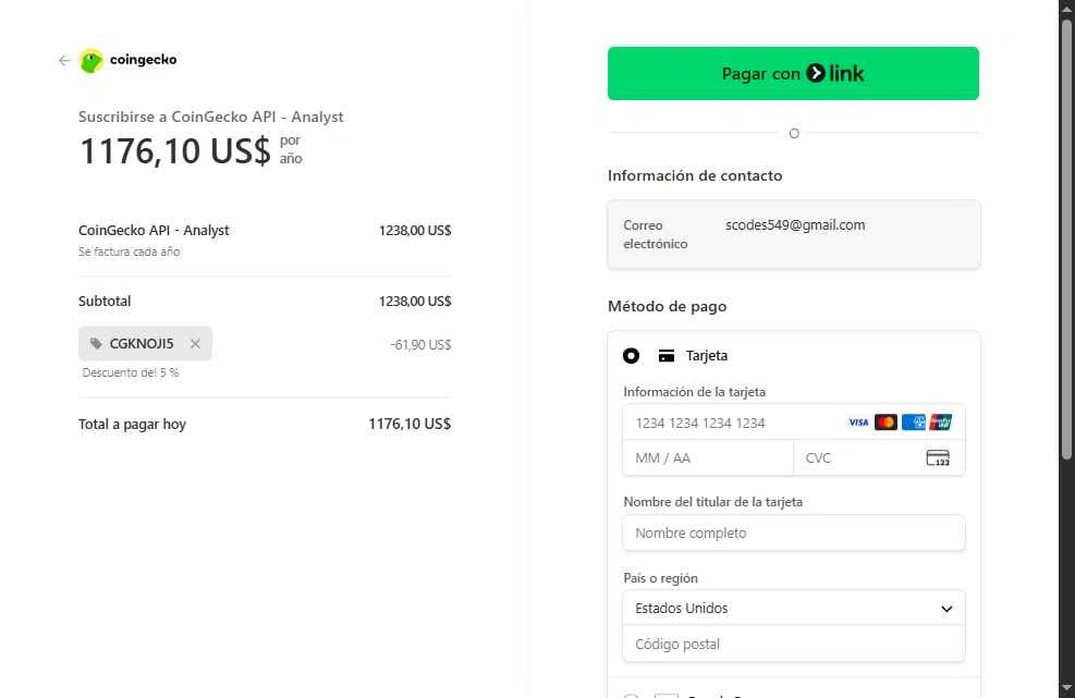 CoinGecko checkout page showing CoinGecko promo code box | Screenshot taken by SimplyCodes community member on Jan 23, 2026