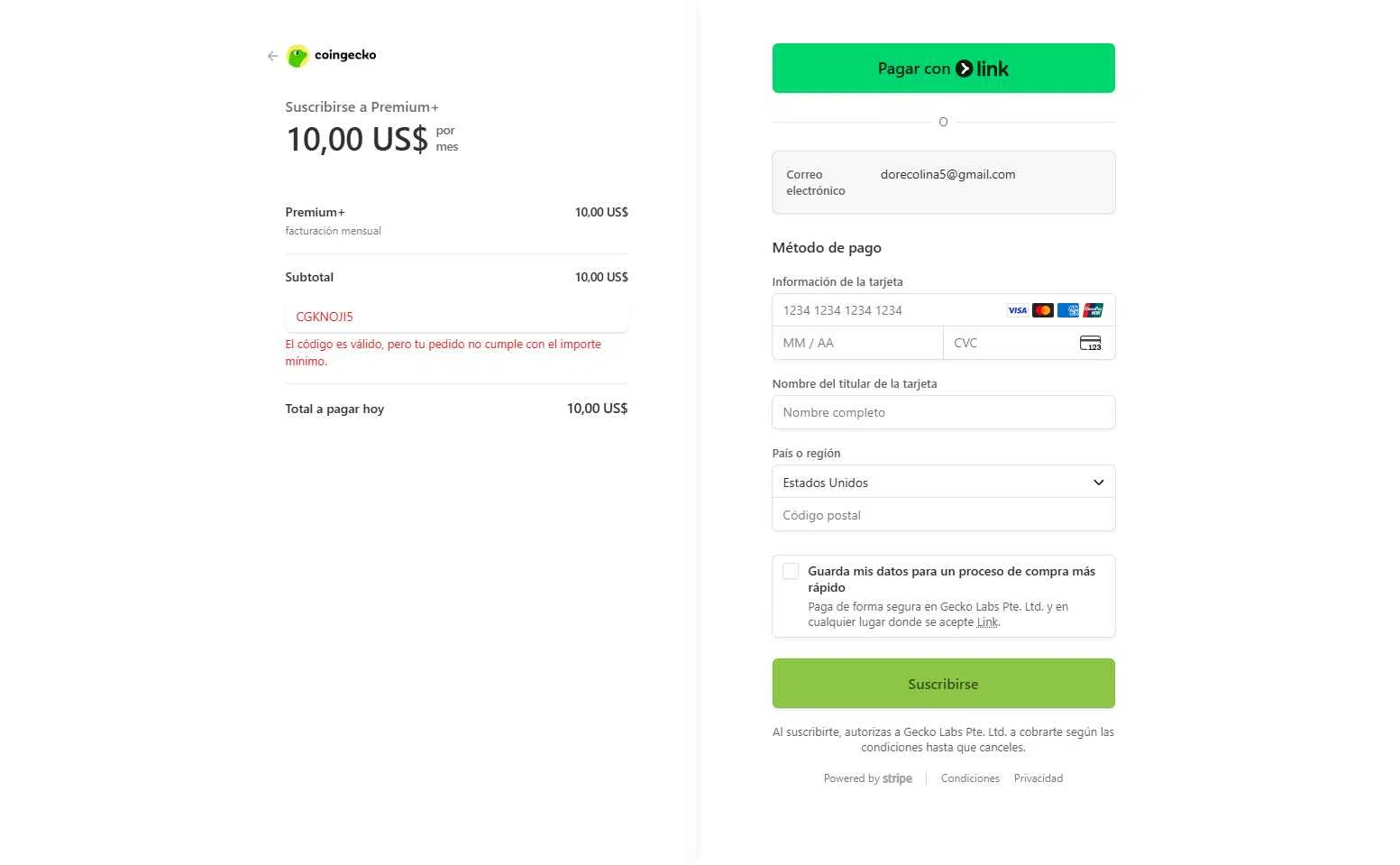 CoinGecko checkout page showing CoinGecko promo code box | Screenshot taken by SimplyCodes community member on Dec 4, 2025