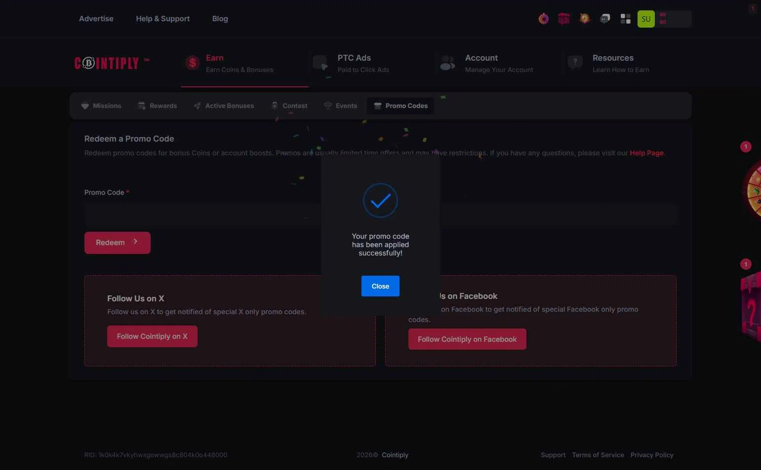 Cointiply checkout page showing Cointiply promo code box | Screenshot taken by SimplyCodes community member on Jan 9, 2026