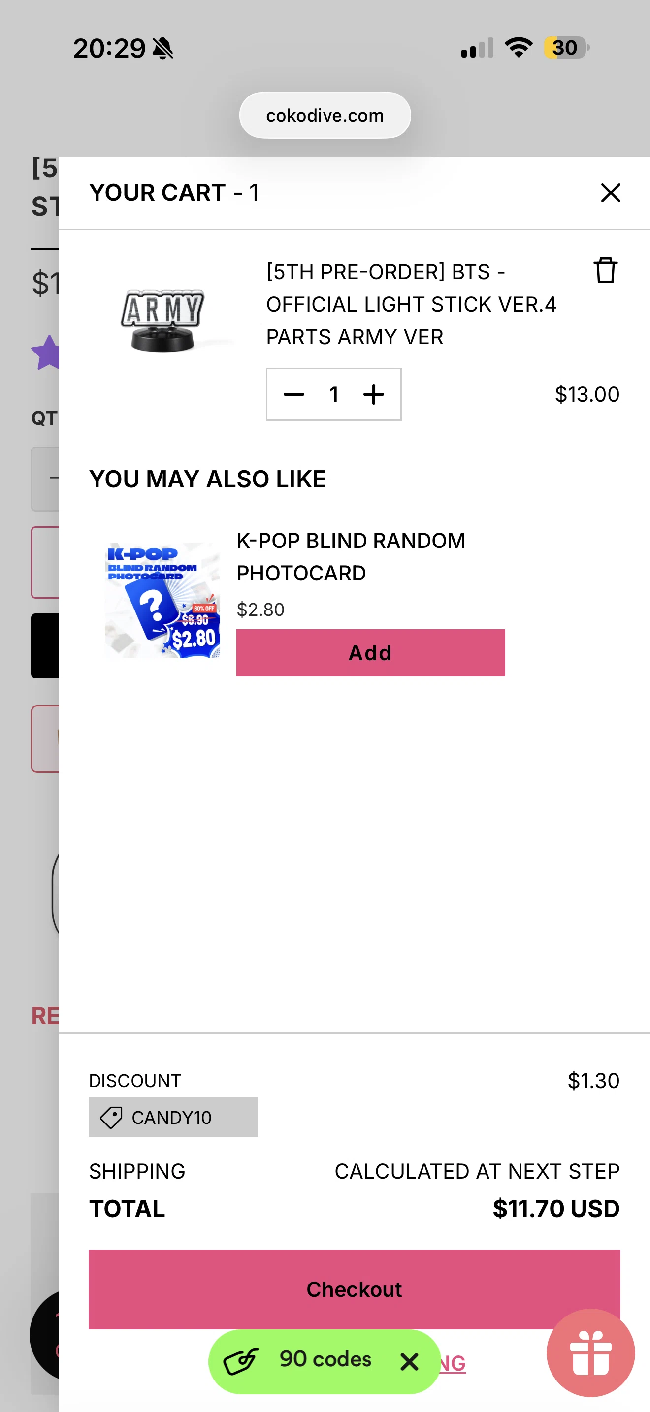 Cokodive promo code screenshot showing code CANDY10 applied at Cokodive checkout page. Uploaded by SimplyCodes community member NobleEagle175 on Jun 7, 2026