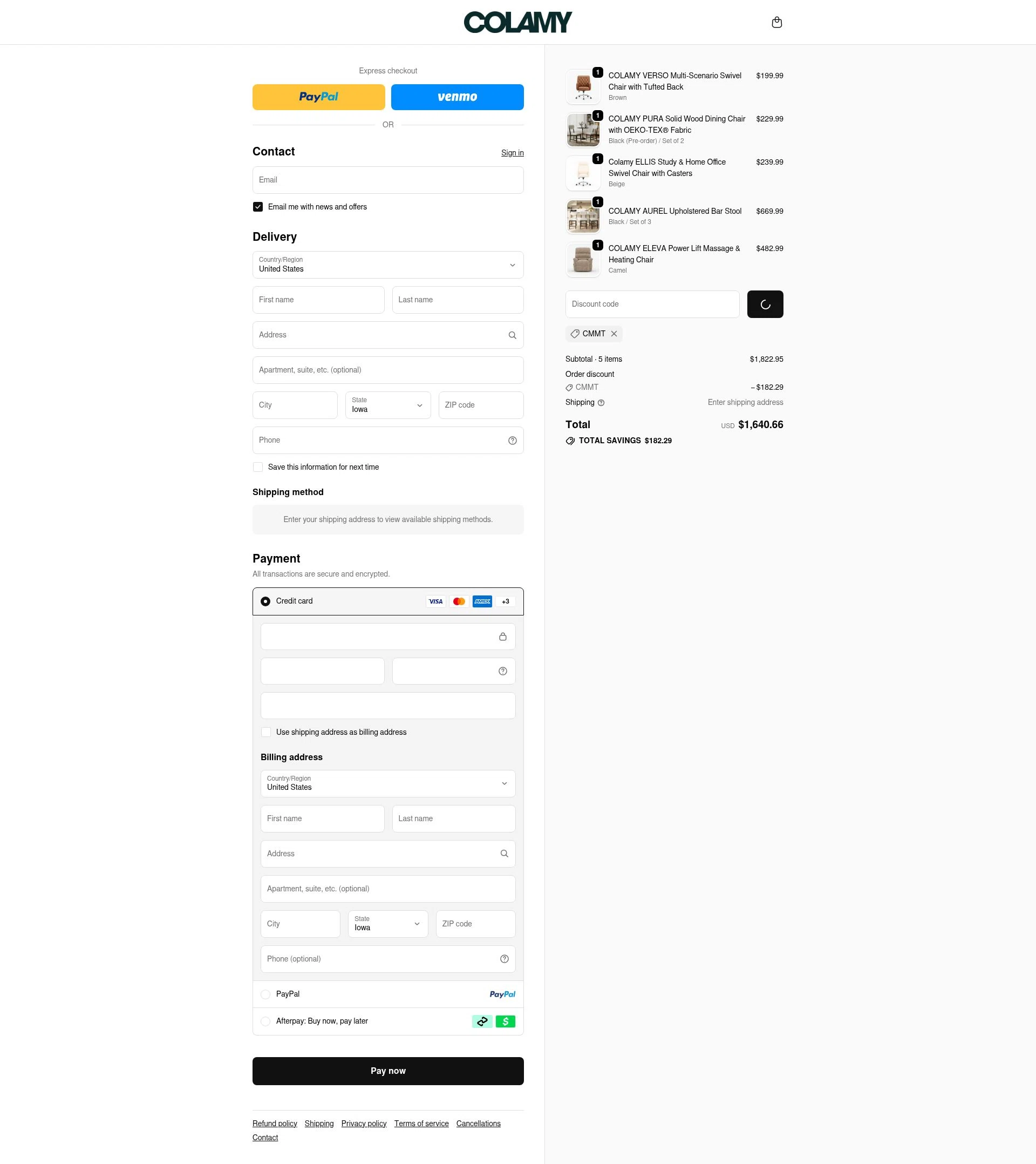 COLAMY Home checkout page showing COLAMY Home discount code box | Screenshot taken by SimplyCodes community member on Feb 7, 2026