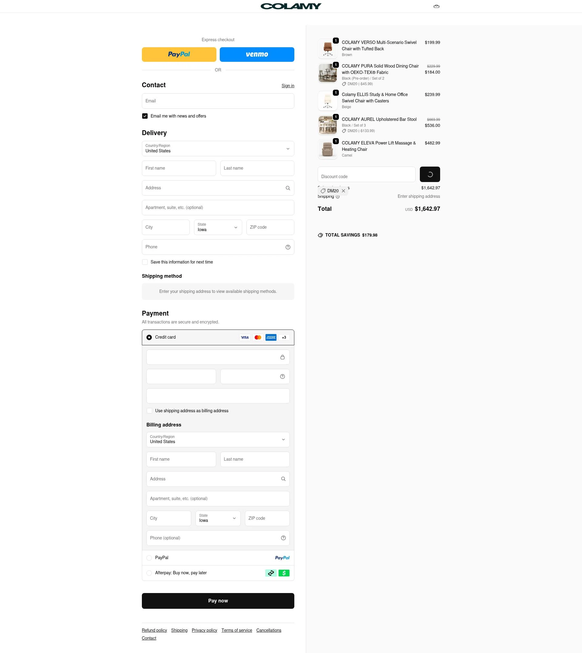 COLAMY Home checkout page showing COLAMY Home discount code box | Screenshot taken by SimplyCodes community member on Feb 7, 2026