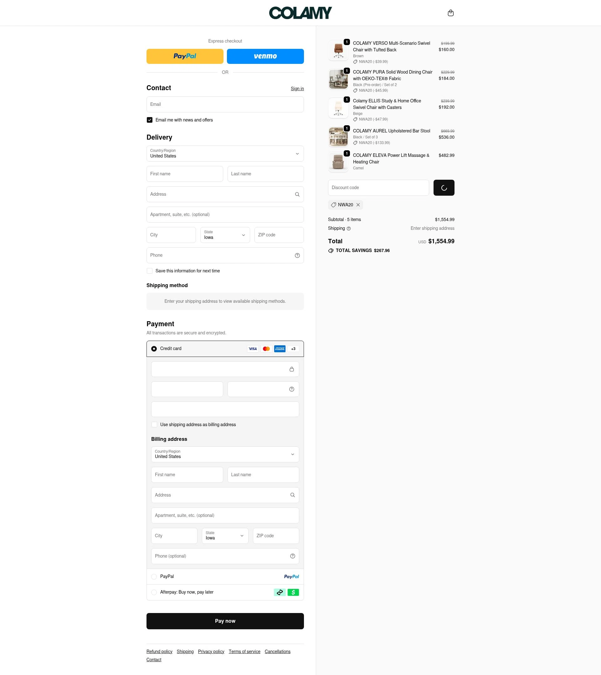 COLAMY Home checkout page showing COLAMY Home discount code box | Screenshot taken by SimplyCodes community member on Feb 7, 2026