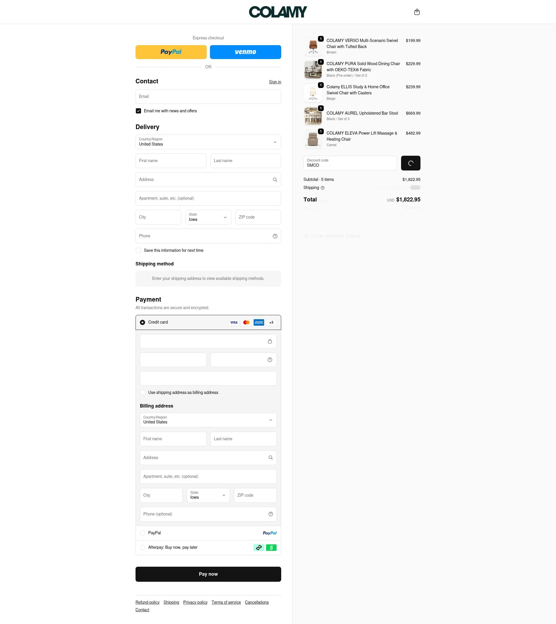 COLAMY Home checkout page showing COLAMY Home discount code box | Screenshot taken by SimplyCodes community member on Feb 7, 2026
