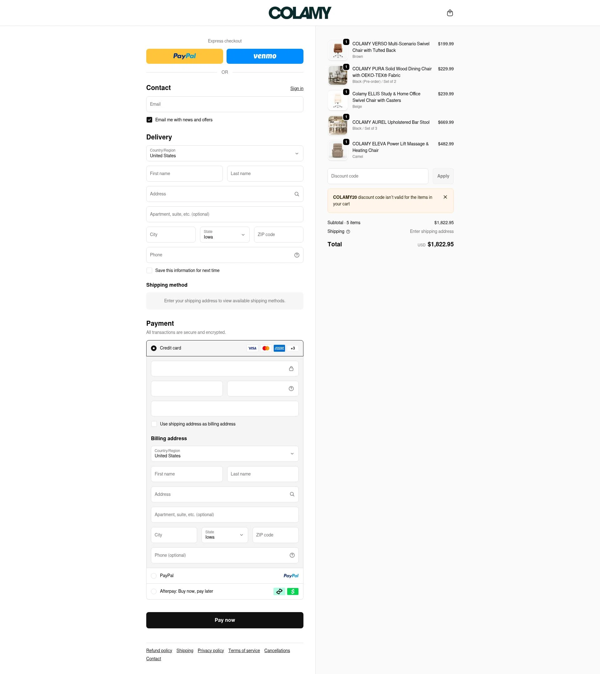 COLAMY Home checkout page showing COLAMY Home discount code box | Screenshot taken by SimplyCodes community member on Feb 7, 2026
