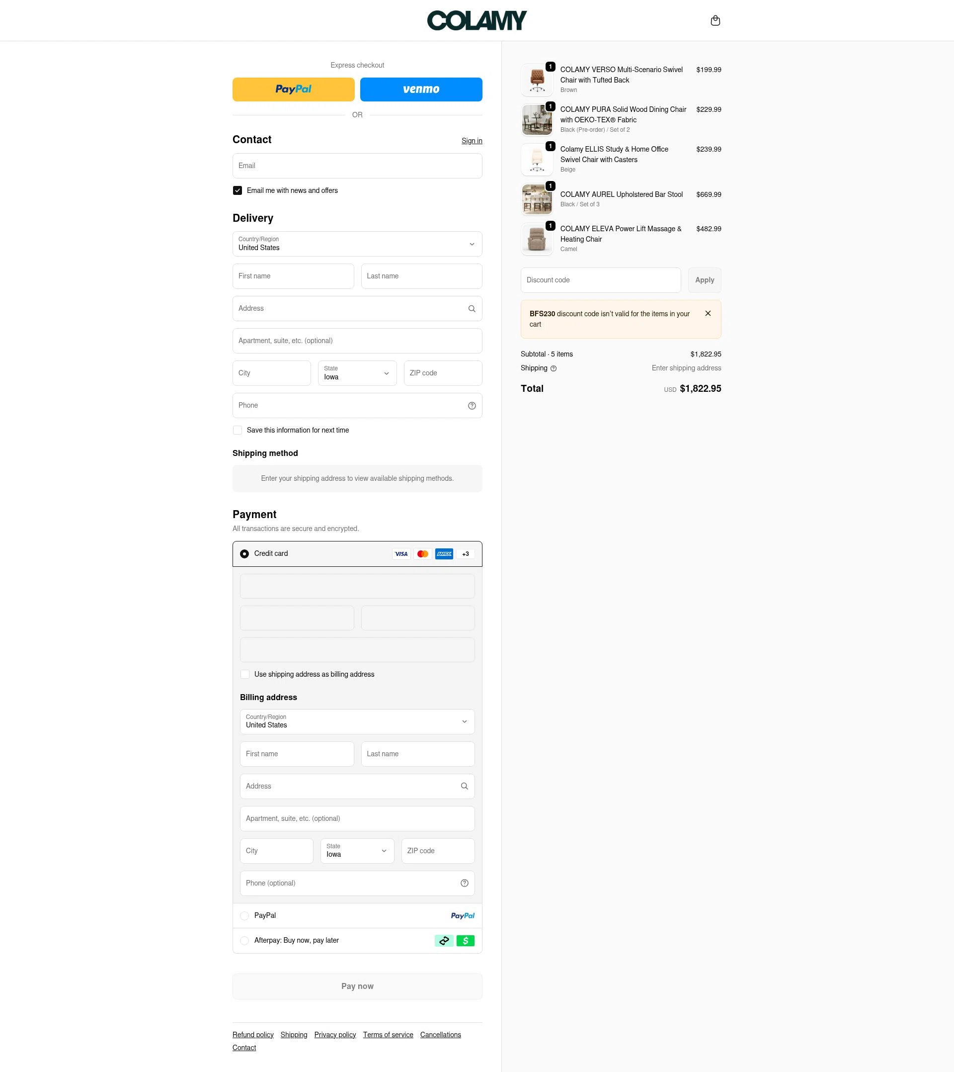 COLAMY Home checkout page showing COLAMY Home discount code box | Screenshot taken by SimplyCodes community member on Feb 7, 2026
