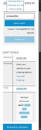 Cold Air Inductions coupon verification screenshot