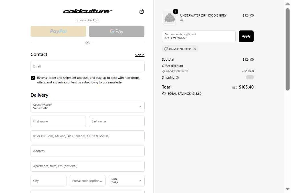 COLD CULTURE checkout page showing COLD CULTURE discount code box | Screenshot taken by SimplyCodes community member on Feb 8, 2026