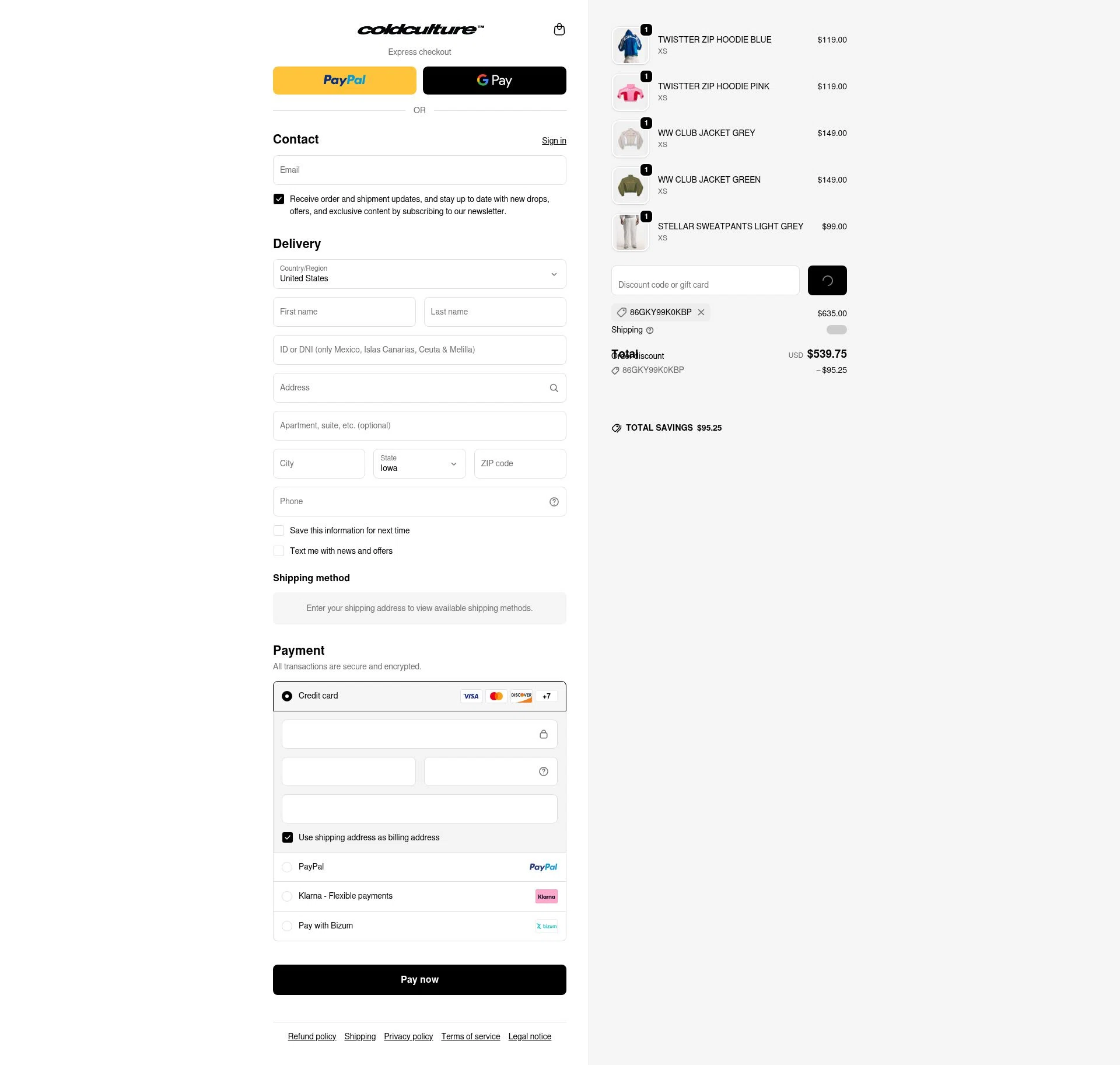 COLD CULTURE checkout page showing COLD CULTURE discount code box | Screenshot taken by SimplyCodes community member on Feb 8, 2026