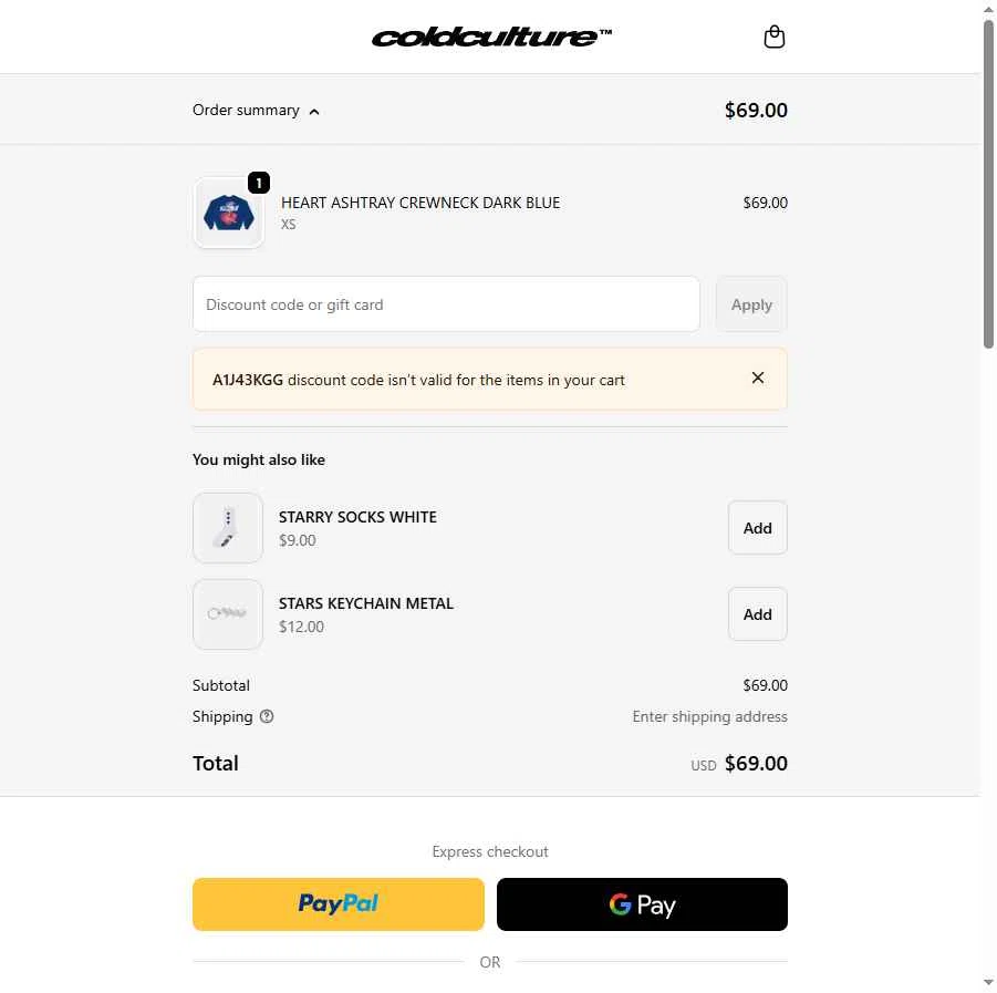 COLD CULTURE checkout page showing COLD CULTURE discount code box | Screenshot taken by SimplyCodes community member on Jan 13, 2026