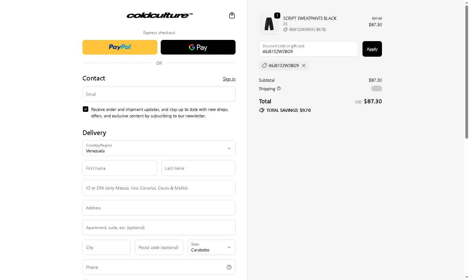 COLD CULTURE checkout page showing COLD CULTURE discount code box | Screenshot taken by SimplyCodes community member on Jan 29, 2026
