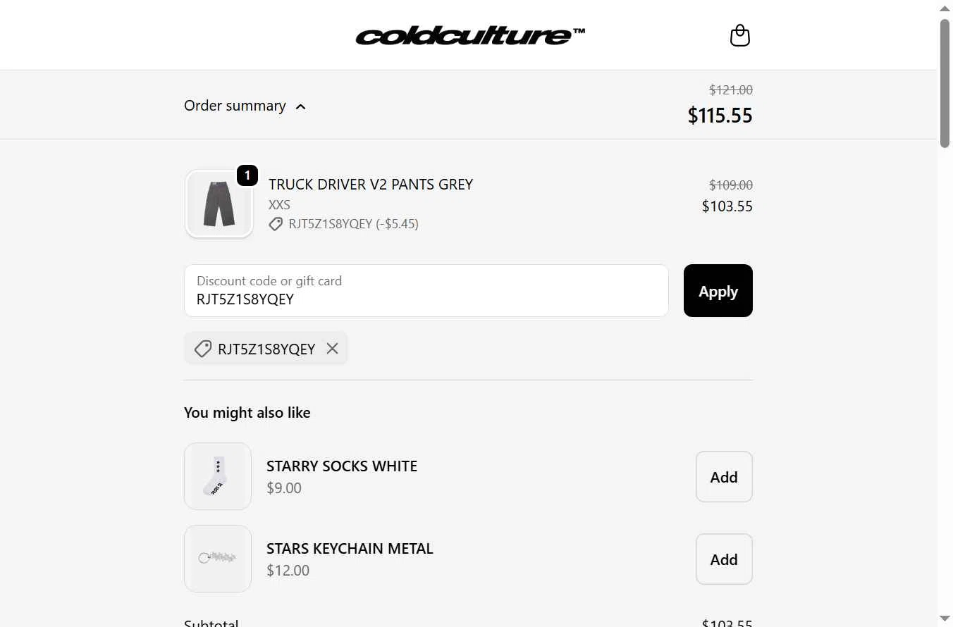 COLD CULTURE checkout page showing COLD CULTURE discount code box | Screenshot taken by SimplyCodes community member on Dec 22, 2025