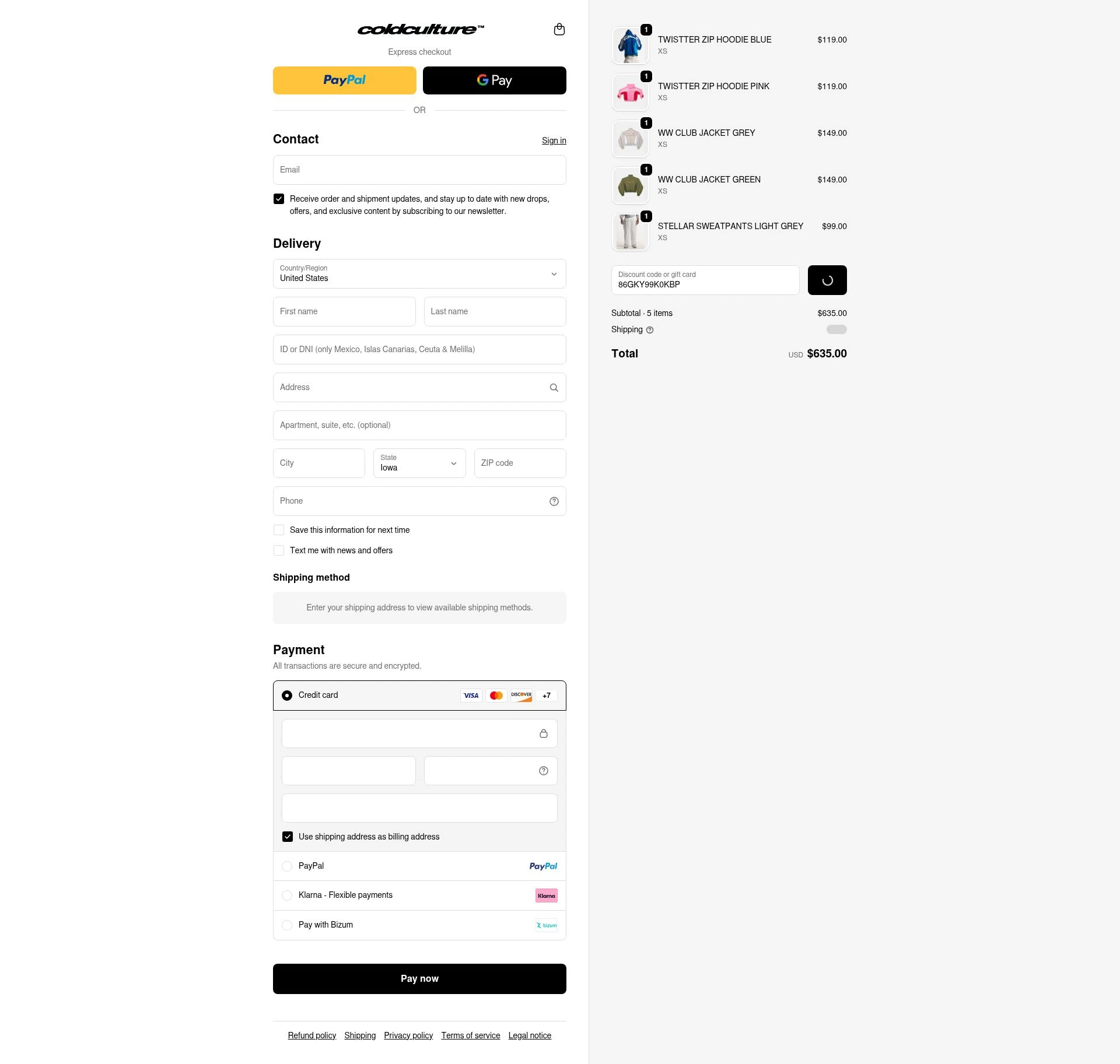 COLD CULTURE checkout page showing COLD CULTURE discount code box | Screenshot taken by SimplyCodes community member on Feb 10, 2026