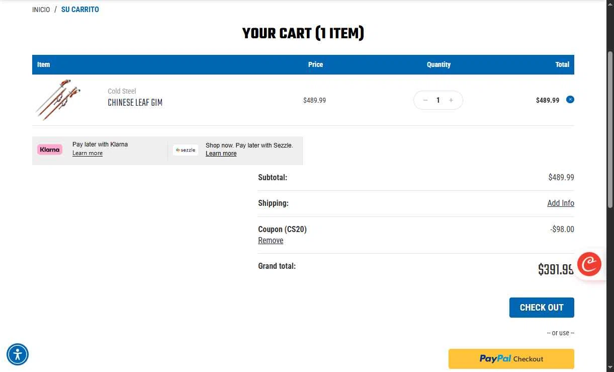 Cold Steel checkout page showing Cold Steel discount code box | Screenshot taken by SimplyCodes community member on Dec 11, 2025