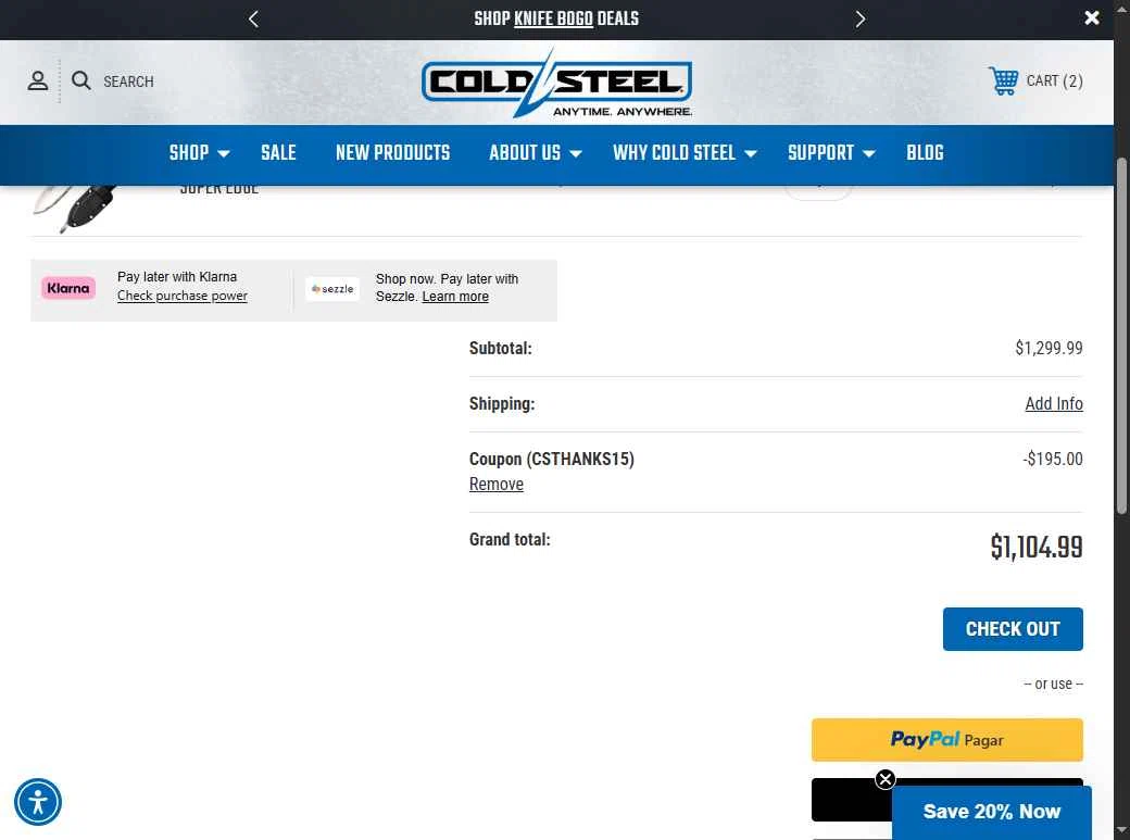 Cold Steel checkout page showing Cold Steel discount code box | Screenshot taken by SimplyCodes community member on Feb 7, 2026