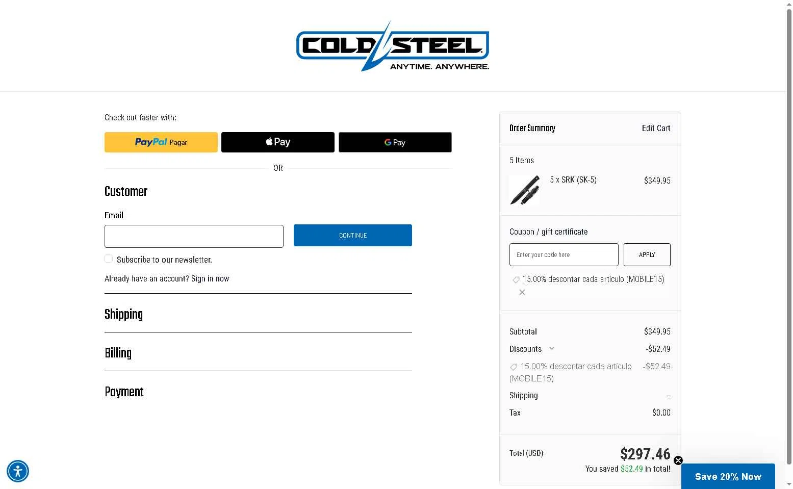 Cold Steel checkout page showing Cold Steel discount code box | Screenshot taken by SimplyCodes community member on Feb 4, 2026