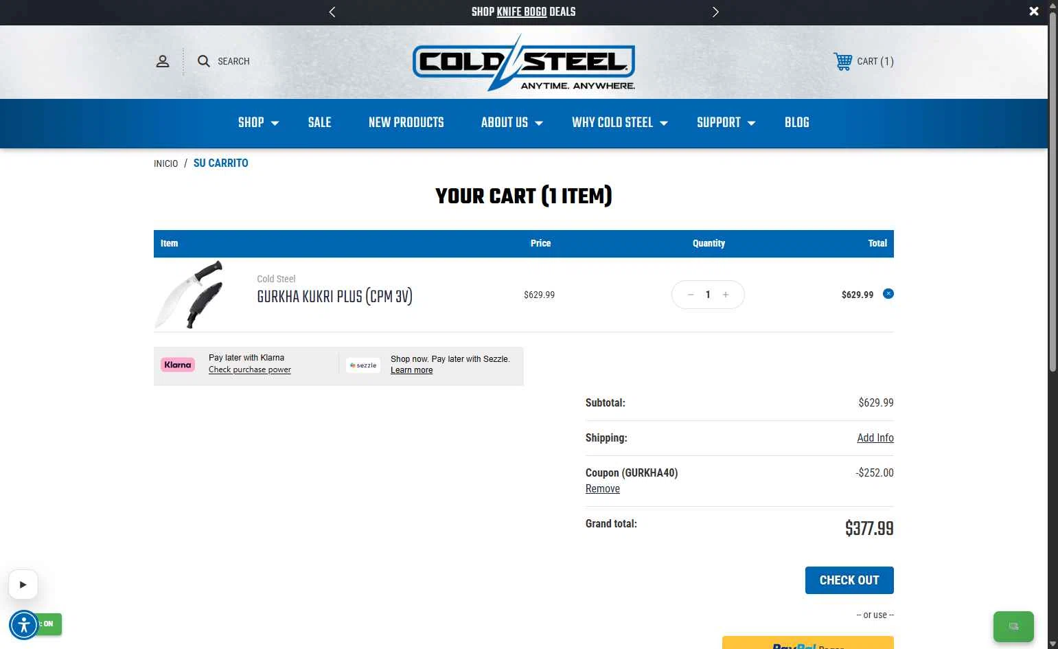 Cold Steel checkout page showing Cold Steel discount code box | Screenshot taken by SimplyCodes community member on Jan 16, 2026