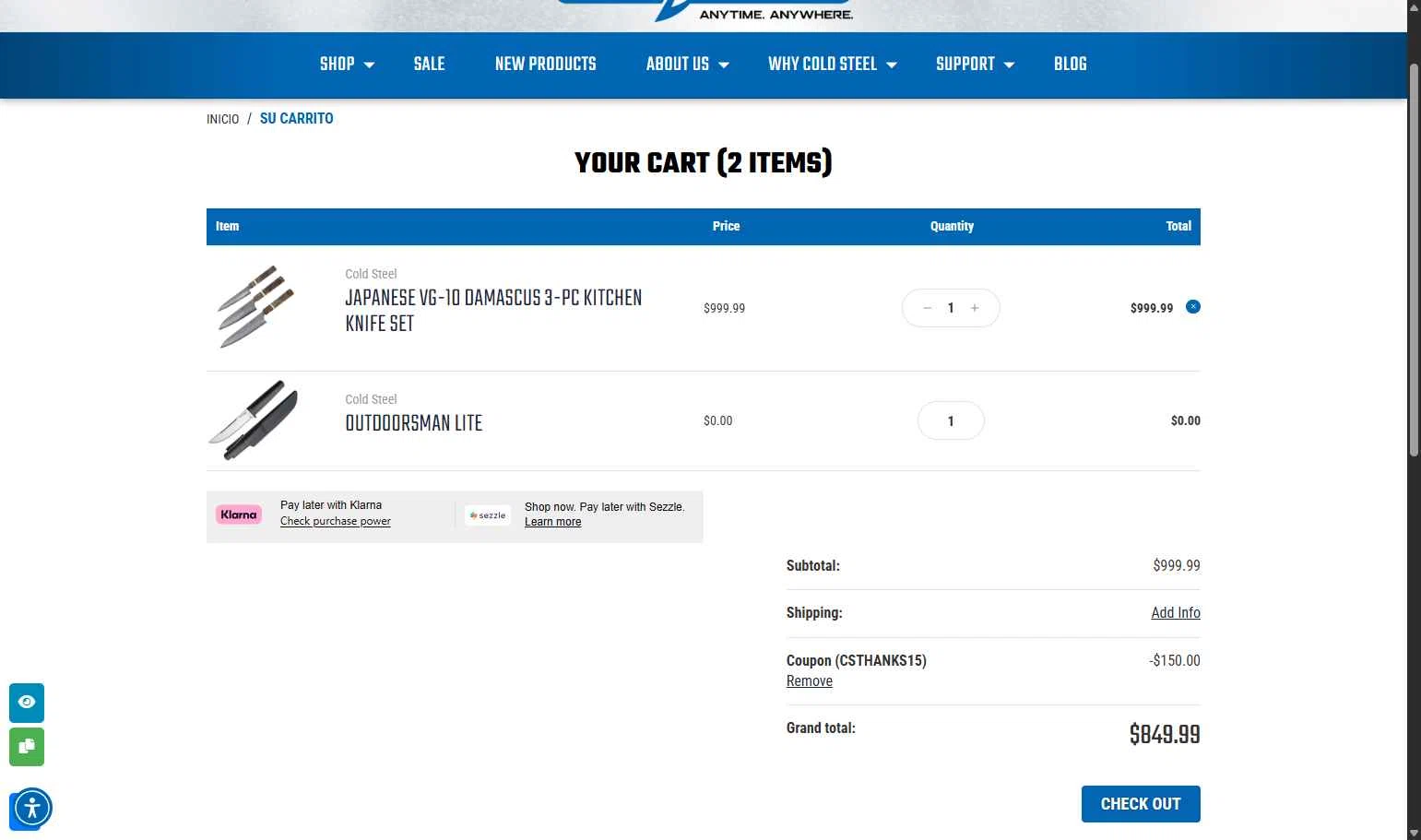 Cold Steel checkout page showing Cold Steel discount code box | Screenshot taken by SimplyCodes community member on Jan 9, 2026