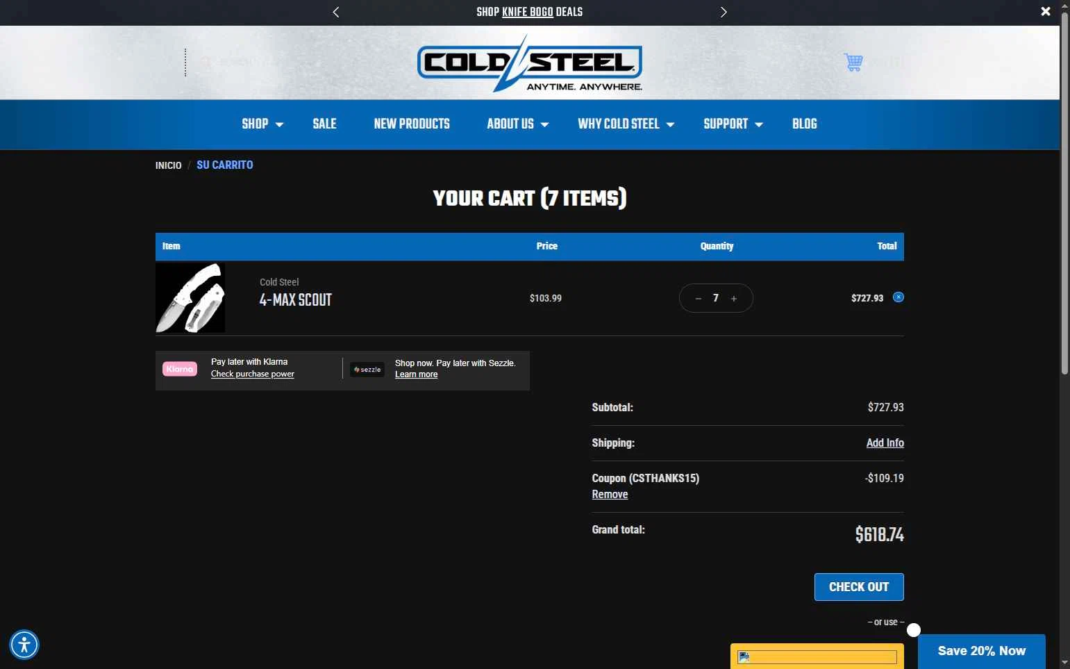 Cold Steel checkout page showing Cold Steel discount code box | Screenshot taken by SimplyCodes community member on Feb 18, 2026