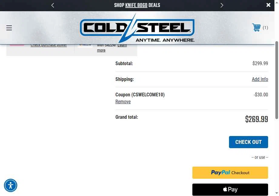 Cold Steel checkout page showing Cold Steel discount code box | Screenshot taken by SimplyCodes community member on Feb 14, 2026