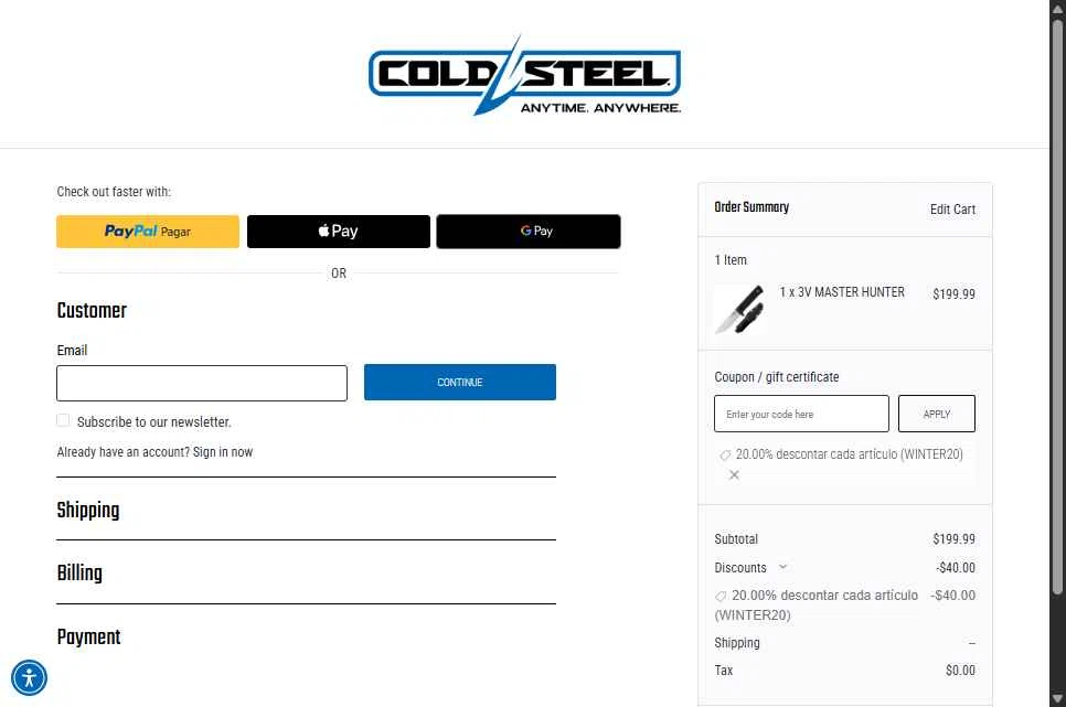 Cold Steel checkout page showing Cold Steel discount code box | Screenshot taken by SimplyCodes community member on Feb 13, 2026